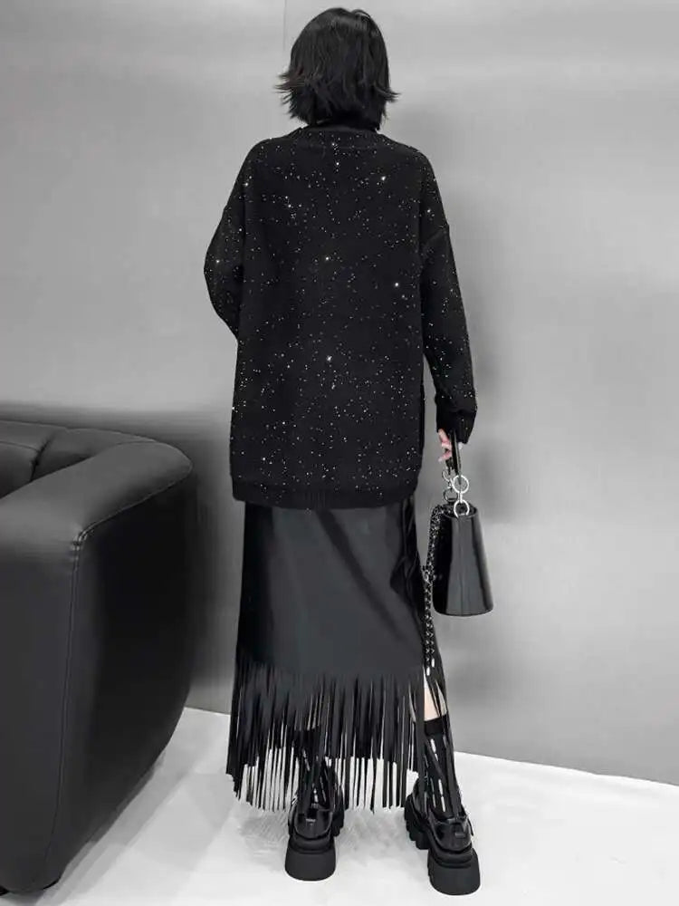 Black Sequin Slit Knit Sweater for Women - V Neck Long Sleeve Pullover Plus Size Fashion Top for Spring & Fall 2025 | Perfect for Parties, Date Nights & Holiday Outfits (Style 1DH9222)