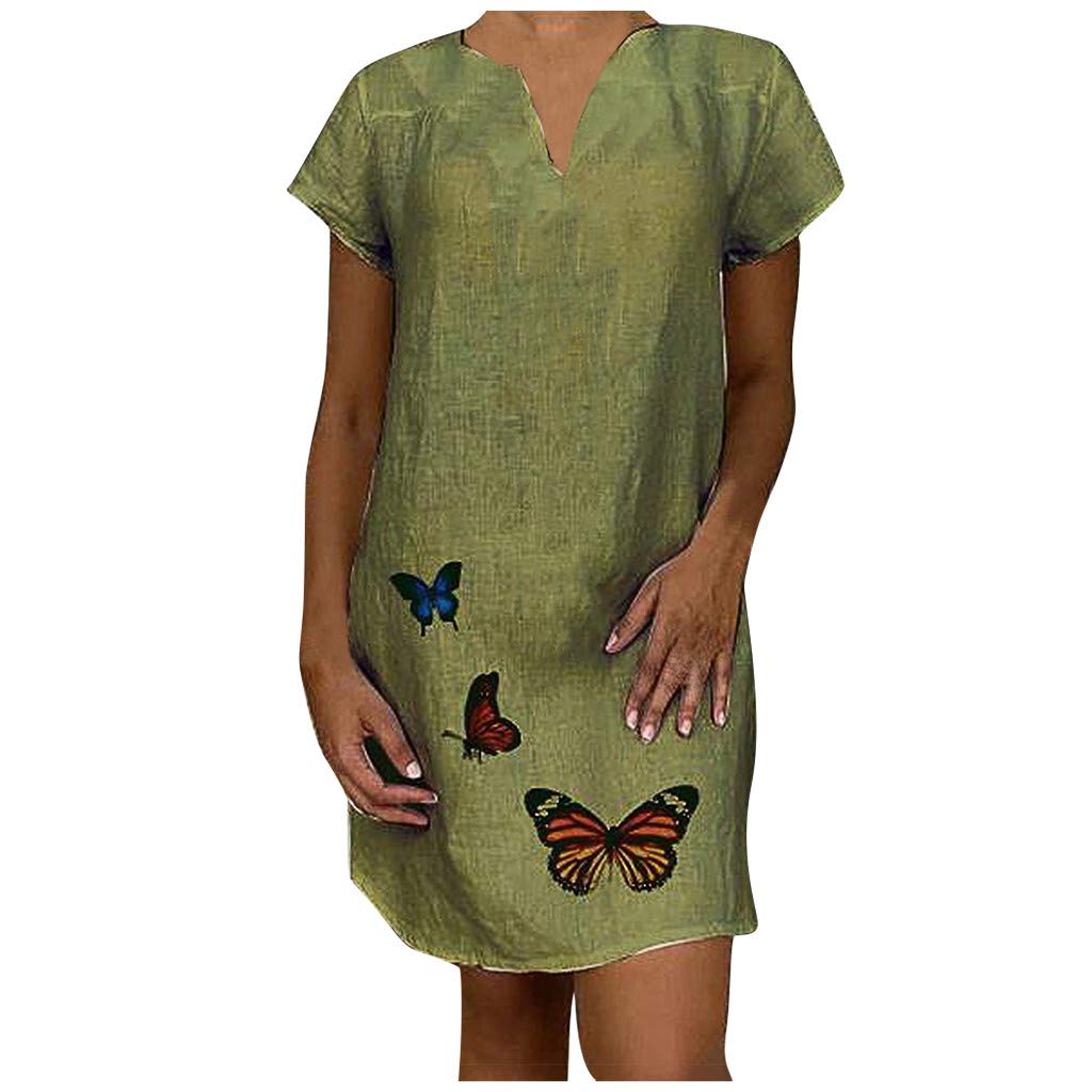 Women's Loose Fit V-Neck T-Shirt Dress - Cotton Linen Blend Casual Boho Mini Dress with Half Sleeves & Floral Print | Perfect for Summer Outings, Beach Wear and Casual Everyday Fashion