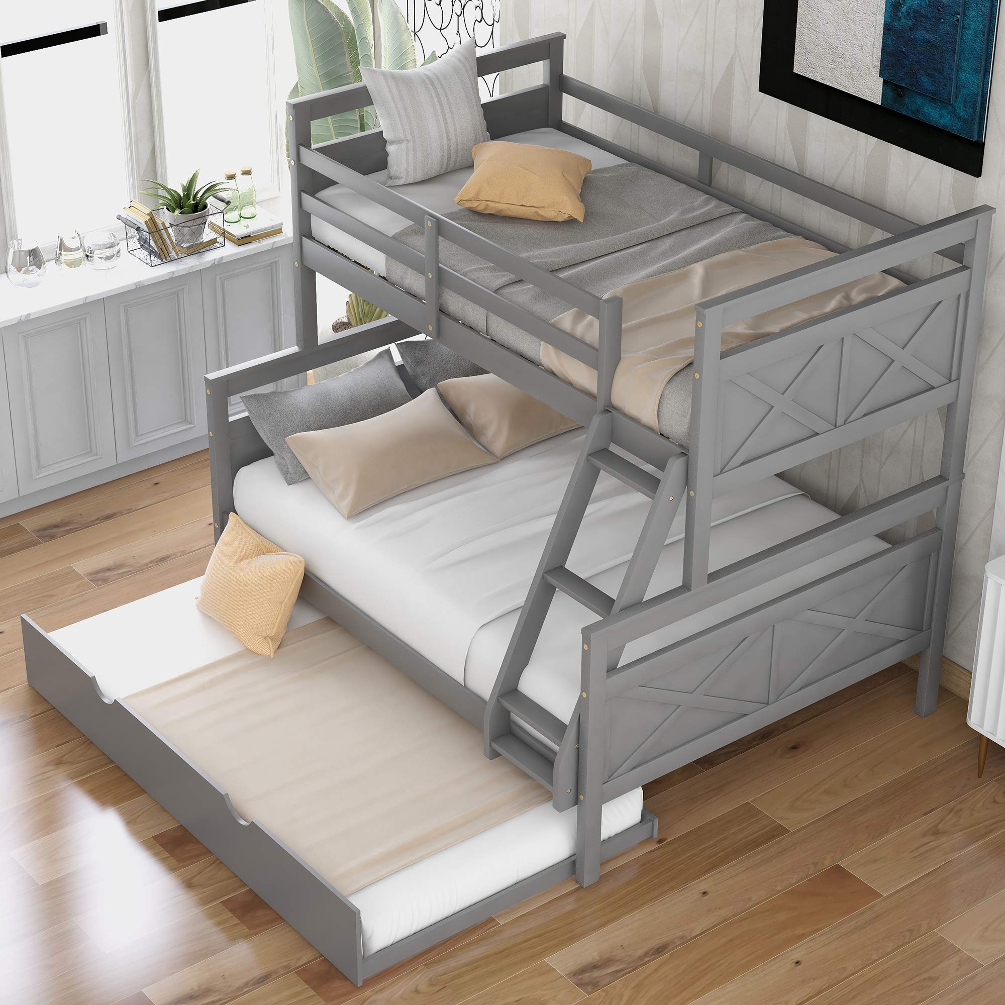 Merax Twin Over Full Wood Bunk Bed with Twin Trundle - Solid Wood Frame, Guardrail & Ladder - Space-Saving Grey Bunk Bed for Kids, Teens & Guest Rooms