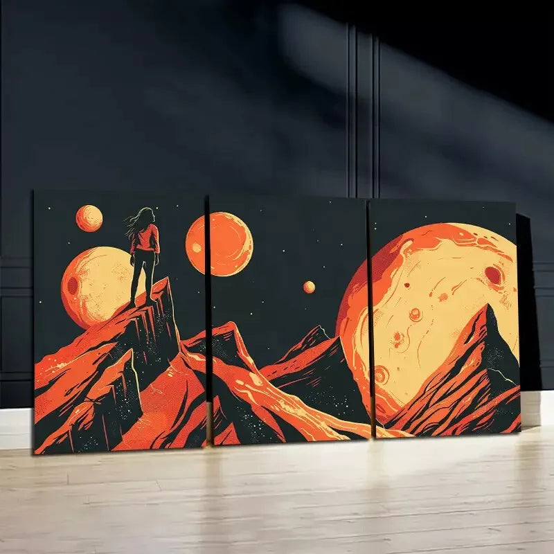 3-Piece Framed Canvas Wall Art Set - Woman Over Jagged Mountains Under Planets (50x70cm) | High Quality Print | 100% Australian Made | Ready to Hang | Perfect for Living Room, Bedroom & Office Decor