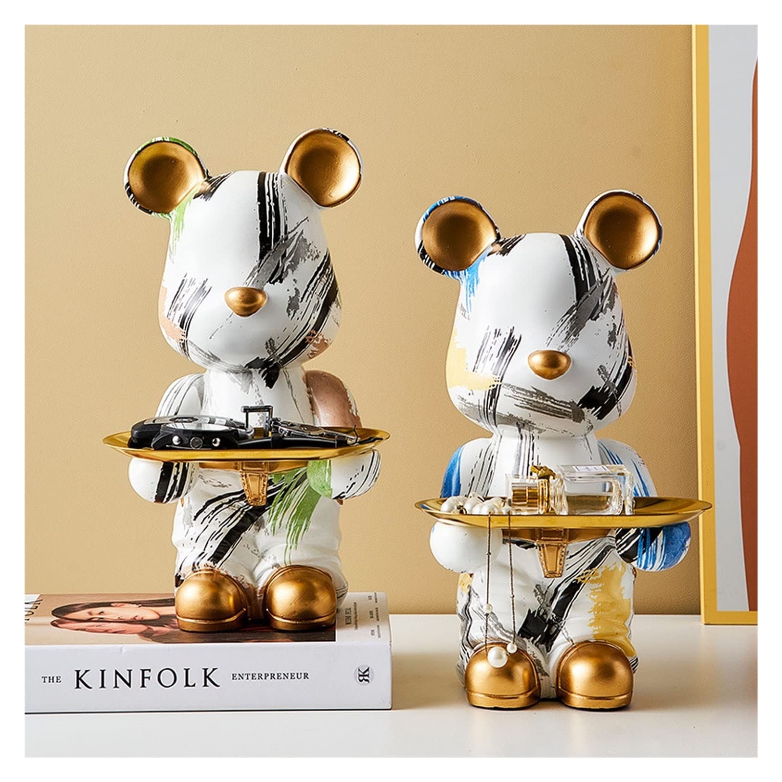 Modern Bear Sculpture Jewelry Ring Tray - Decorative Resin Bear Statue Piggy Bank & Candle Holder - Blue and Green Home Decor for Desk Storage, Gift Giving & Bedroom Organization