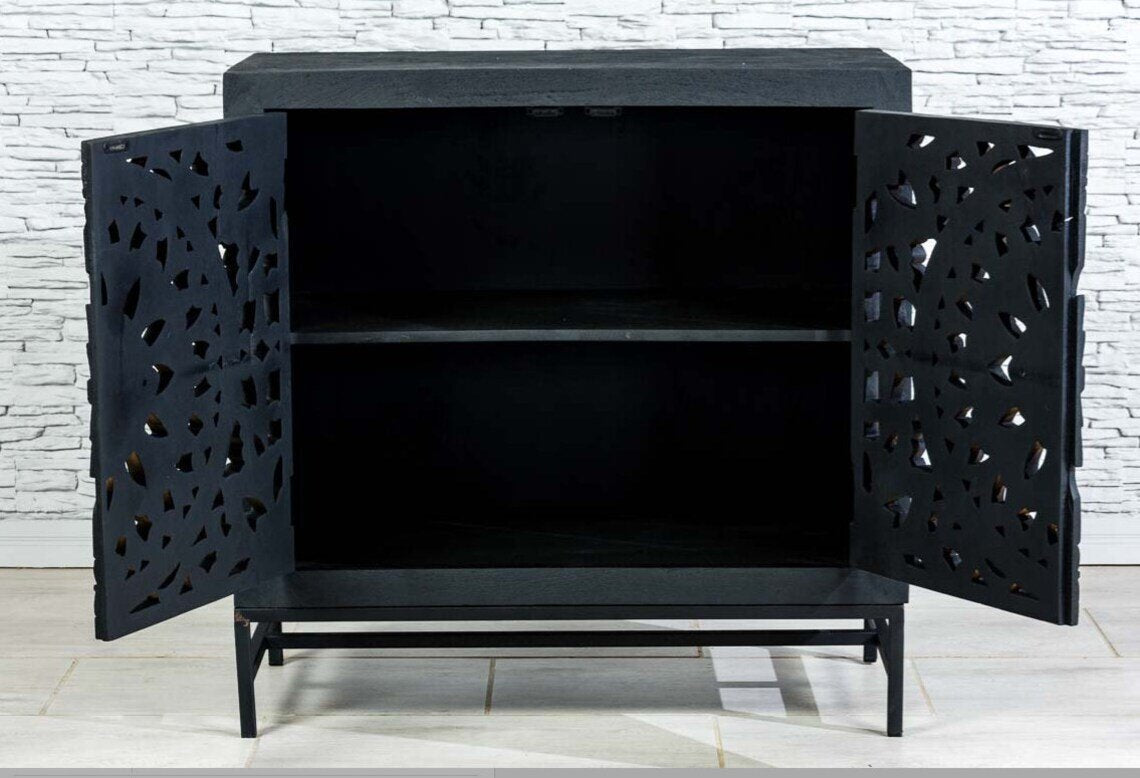 Handcrafted Mandala Carved Solid Wood Cabinet - Indian Blackwash Small Sideboard with Storage | Vintage Boho Bedroom Furniture, Living Room Console Table, Entryway Storage Solution