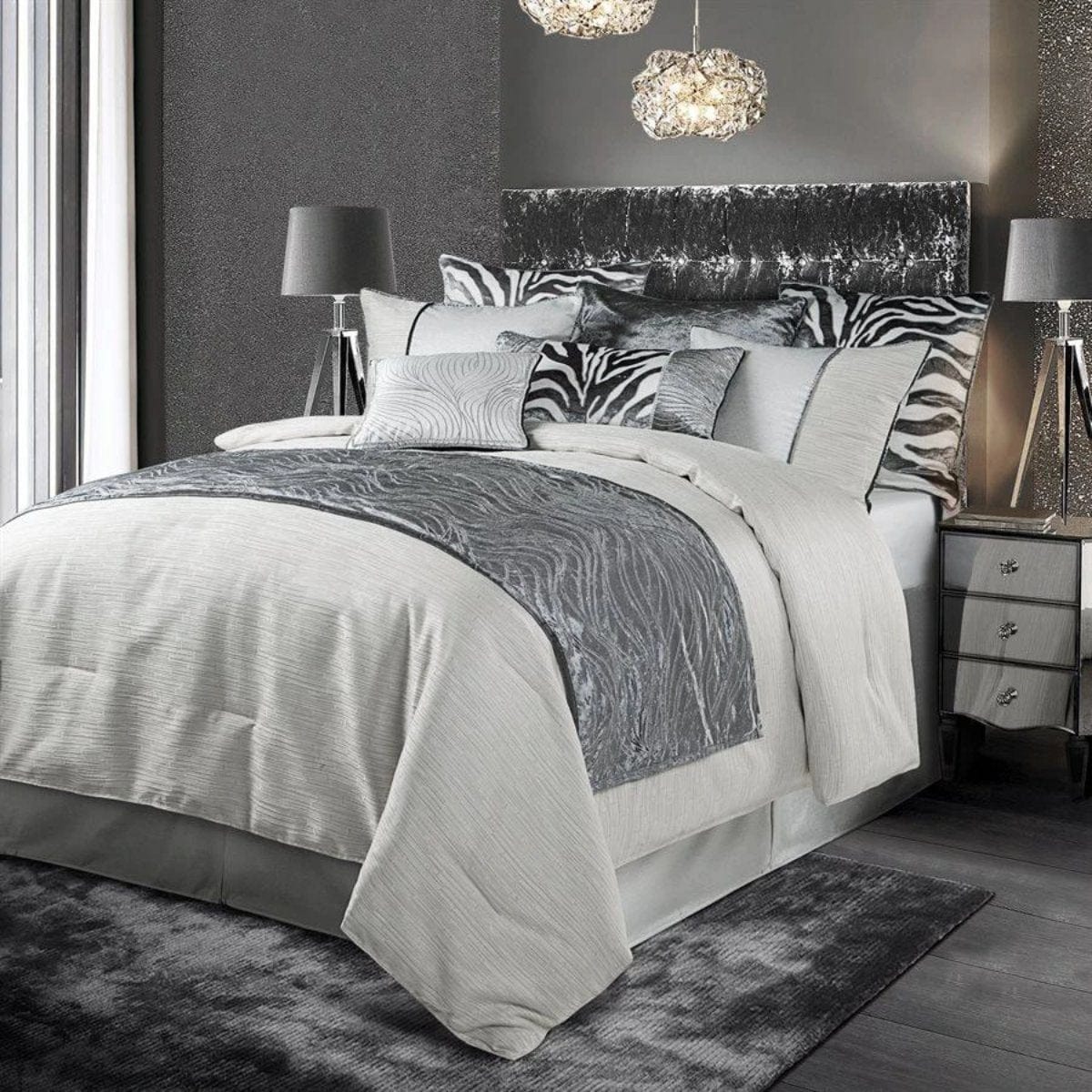 Celeste Silver Velvet & Wave Embroidered Bed Runner - Luxury Queen Size Bed Scarf for Home Decor, Wedding, and Hotel Styling