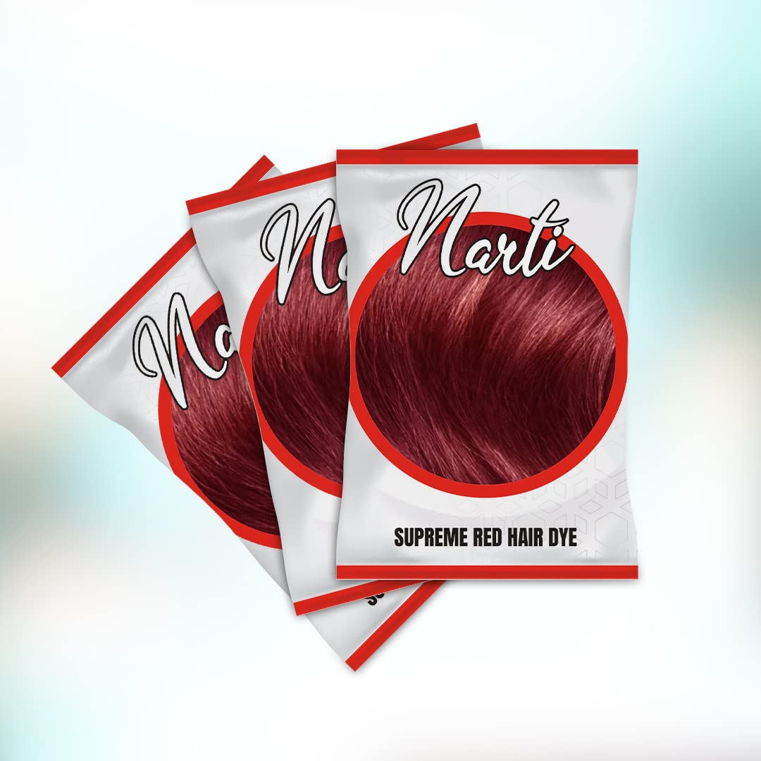NARTI Natural Hair Dye Kit - 100% Pure Herbal Hair Color with Gloves, Shower Cap & Brush | Ammonia-Free Microfine Powder | DIY Hair Coloring at Home (Pack of 4, Supreme Red) | Perfect for Salon-Quality Results & Gentle Root Touch-Ups
