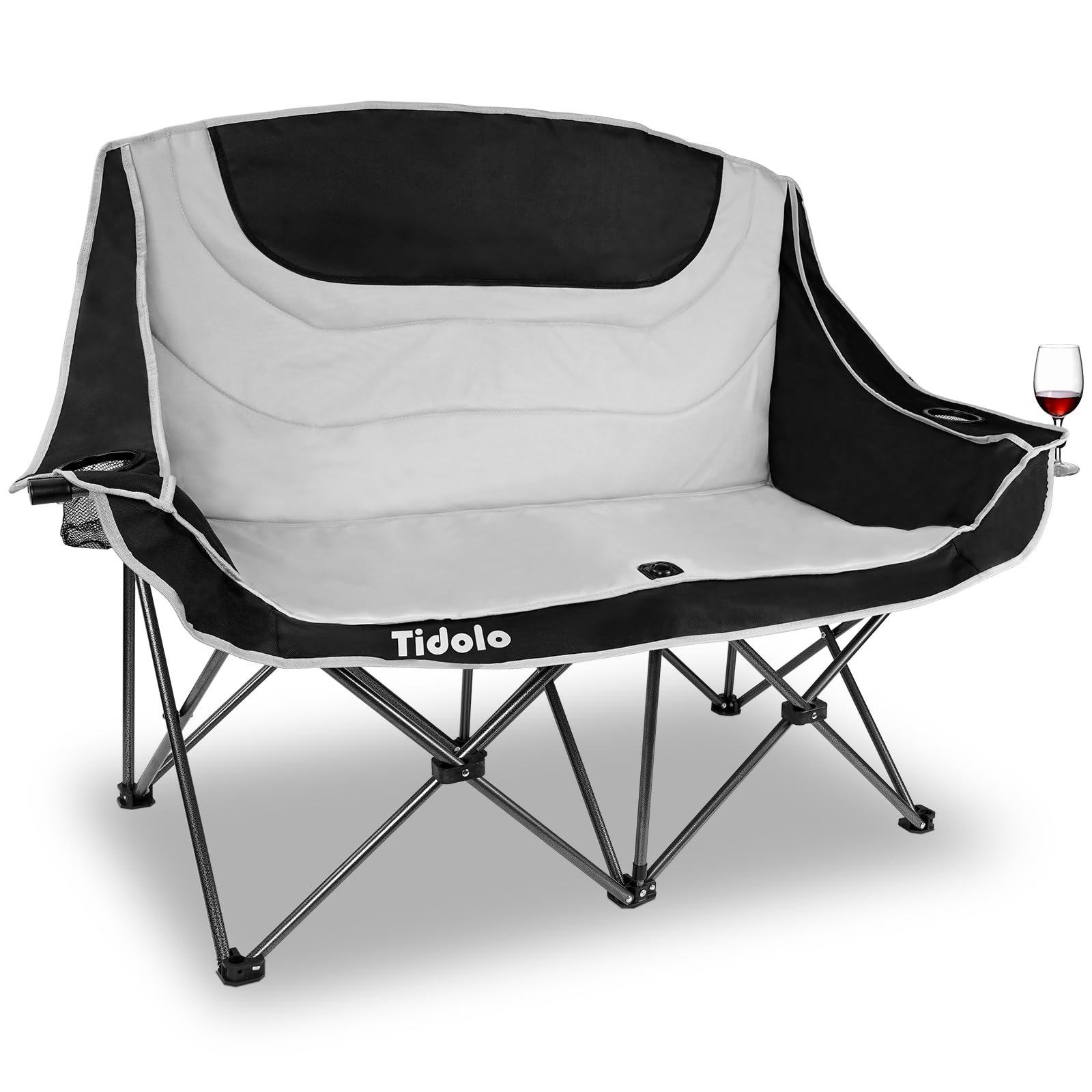**Double Camping Chairs for Adults - Oversized Folding Loveseat Outdoor Chairs with Cup Holder & Wine Glass Holder, Heavy Duty 600Lbs Capacity, Perfect for Camping, Picnics, Beach & Backyard (Grey)**