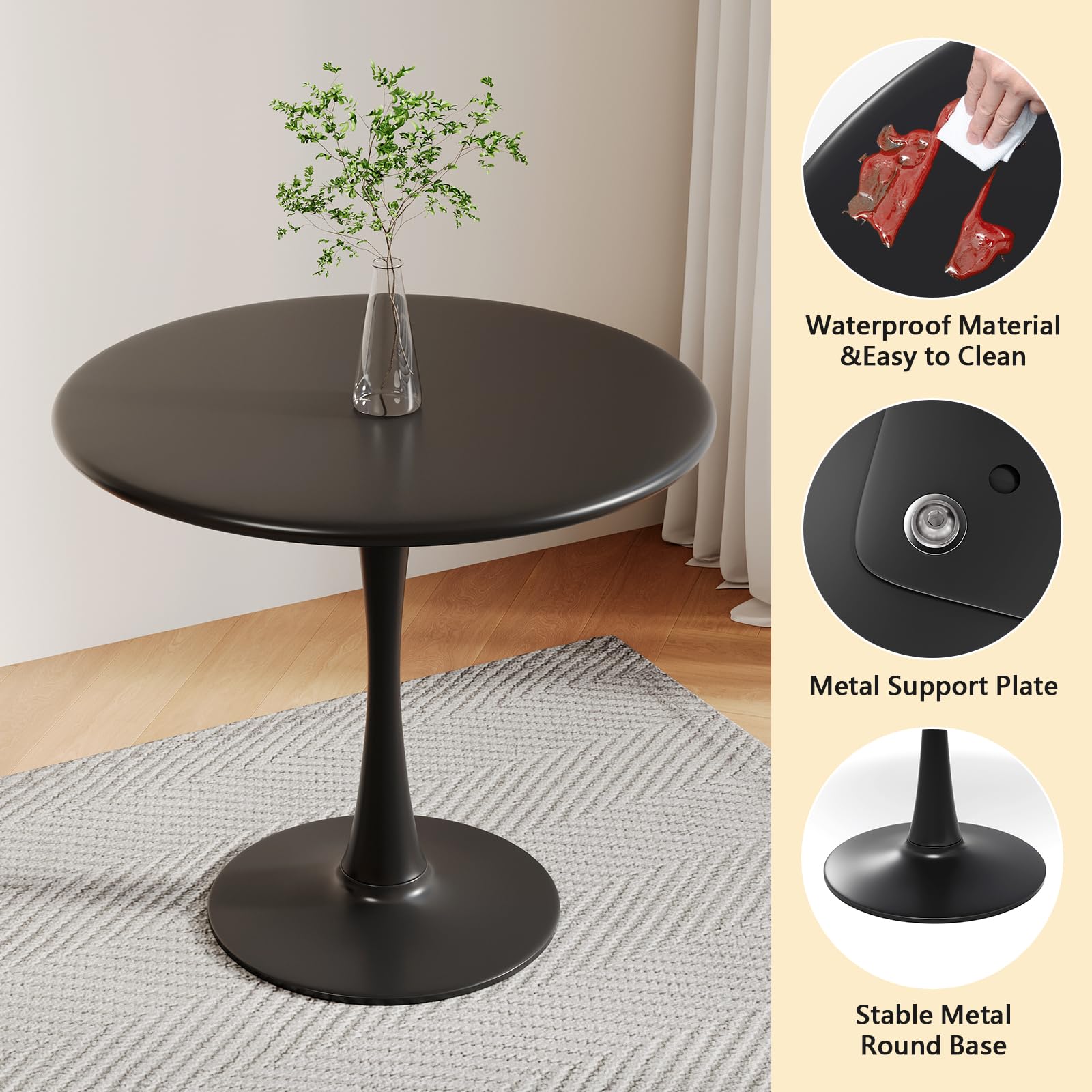 28 Inch Black Round Tulip Dining Table for 2 - Small Pedestal Base Kitchen & Bistro Table - Mid Century Modern Design for Living Room, Office & Cafe Use