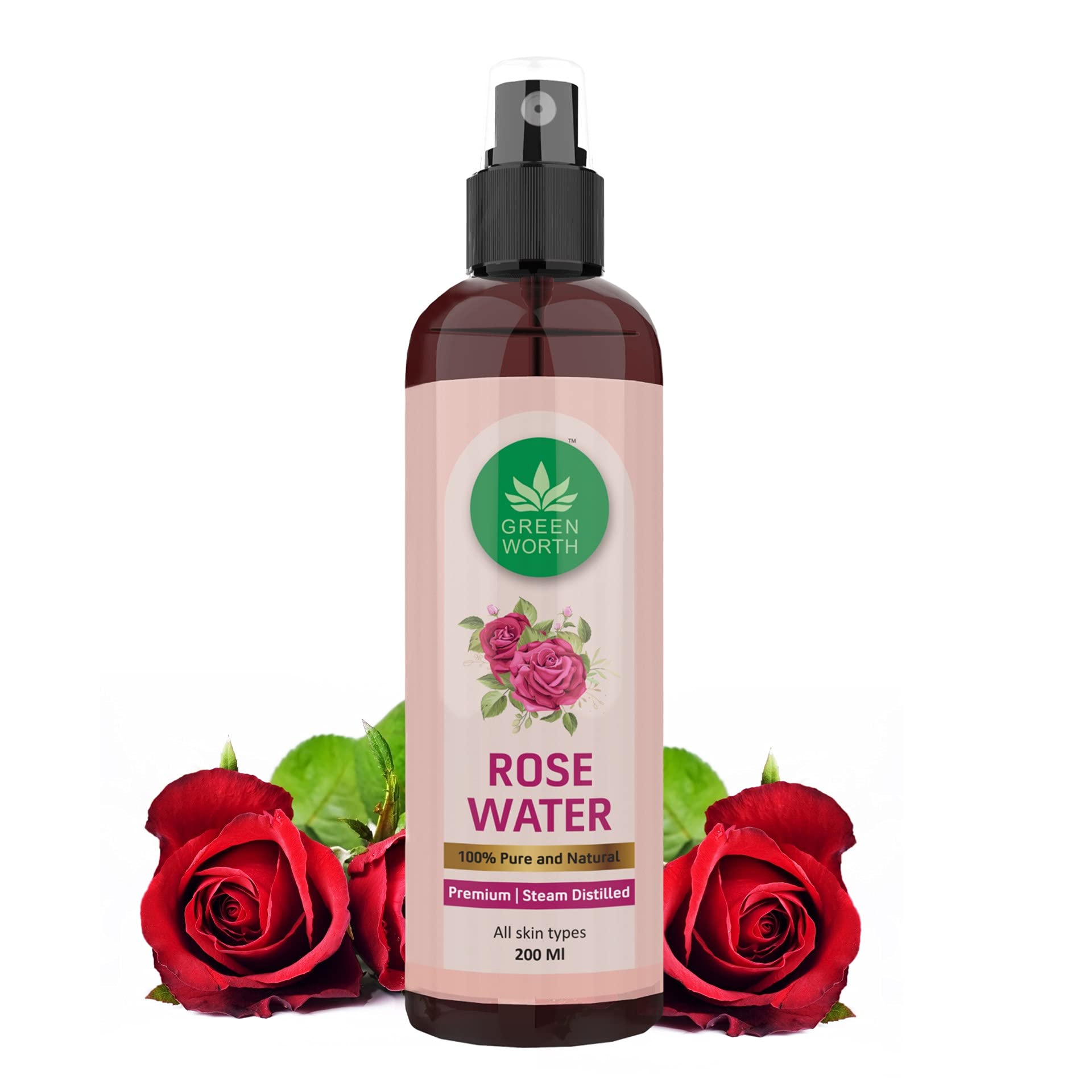 GREEN WORTH Pure & Natural Rose Water Toner Mist Spray - 200ml Steam Distilled Gulab Jal | Alcohol-Free & Chemical-Free Facial Hydration | Refreshing Face Mist for Dry Skin, Makeup Setting & Skin Care Routine