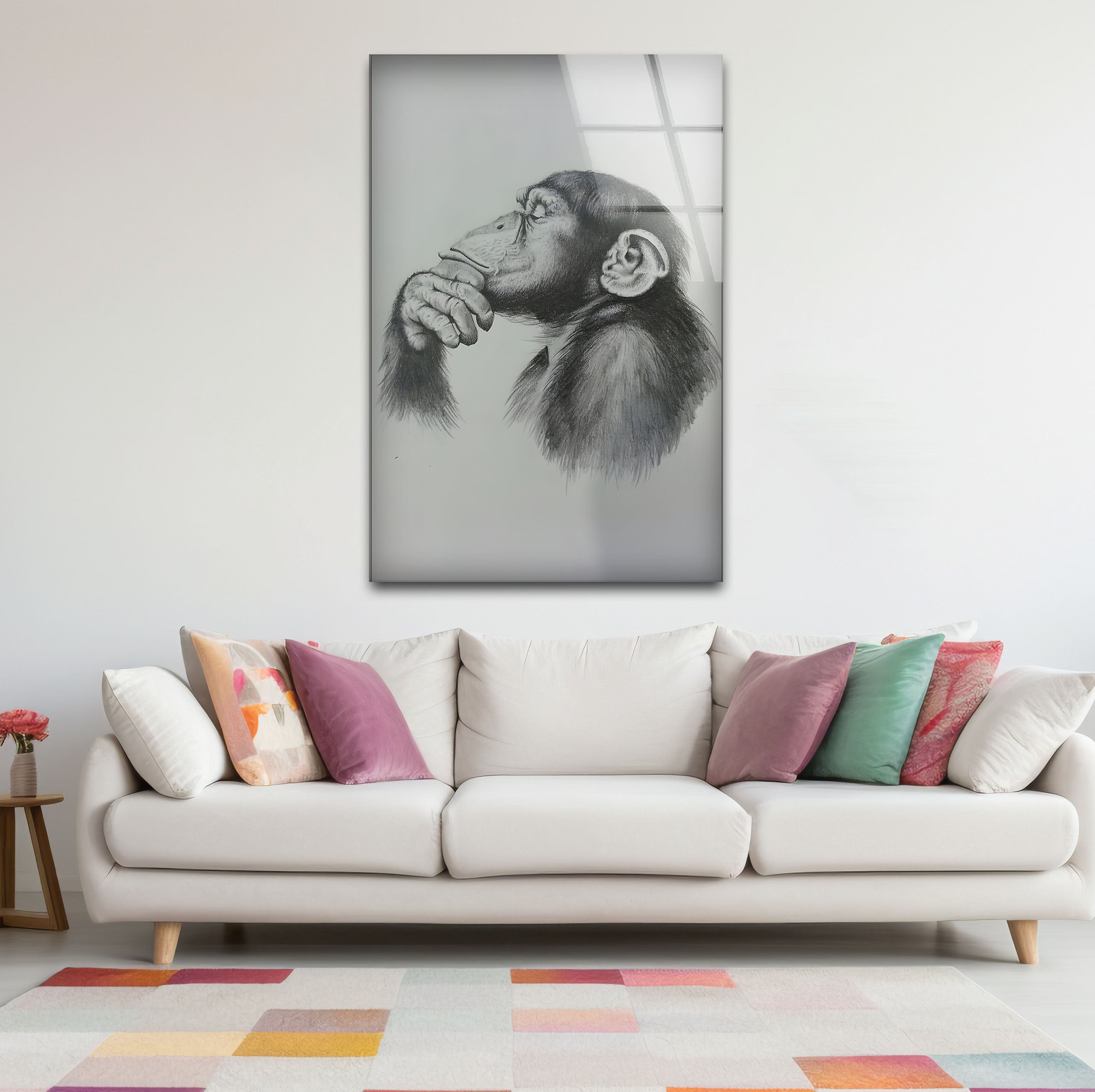 Black and White Monkey Drawing Glass Wall Art - Elegant Home Decor for Living Room, Bedroom, or Office
