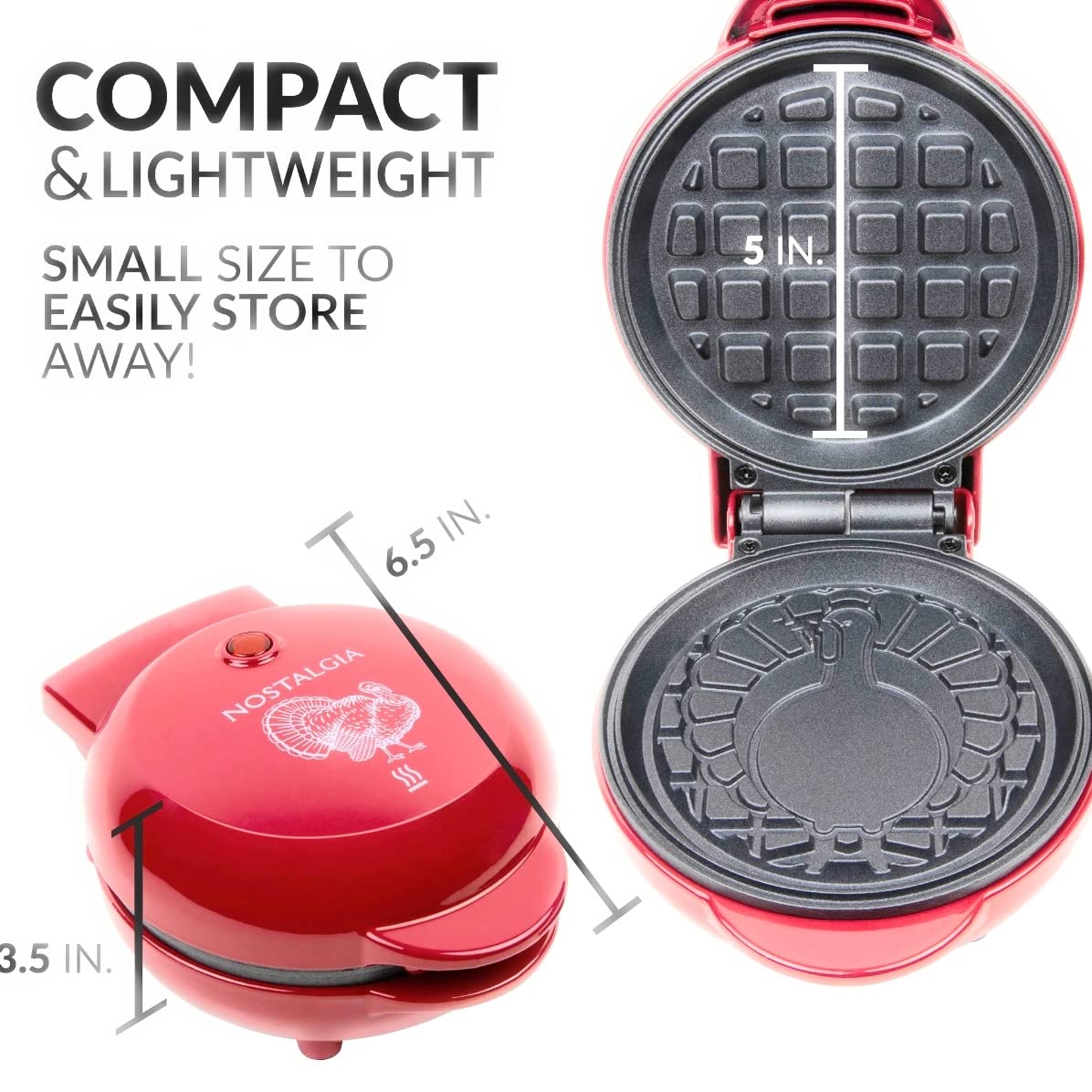 Nostalgia MyMini Electric Turkey Waffle Maker - Compact Appliance for Cranberry Shaped Waffles, Perfect for Breakfast, Kids Snacks & Holiday Parties