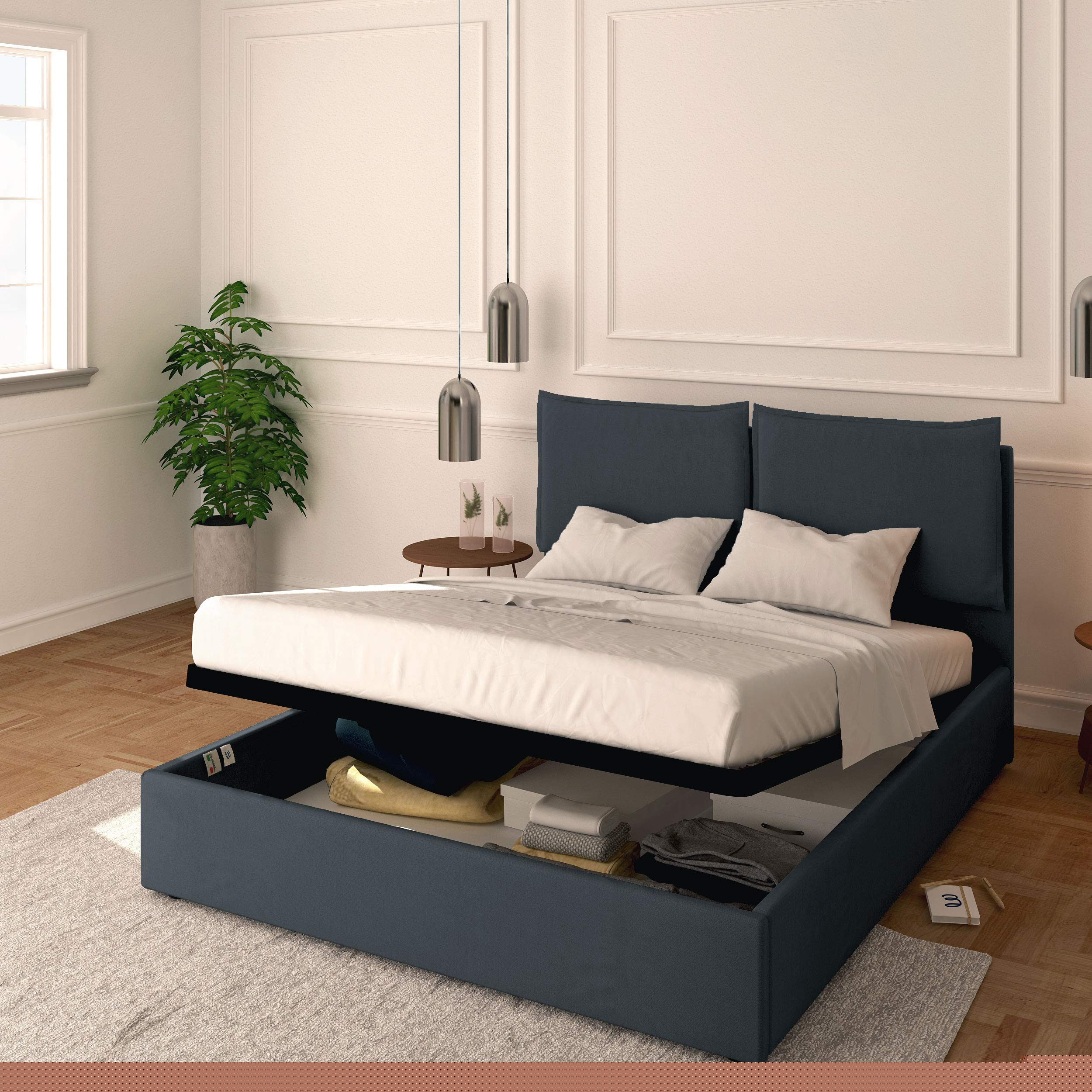 Baldiflex Licia Synthetic Leather Queen Size Bed with Storage, Slatted Base for Mattress, 180x200cm, Padded Headboard, Gray - Perfect for Modern Bedrooms & Small Spaces