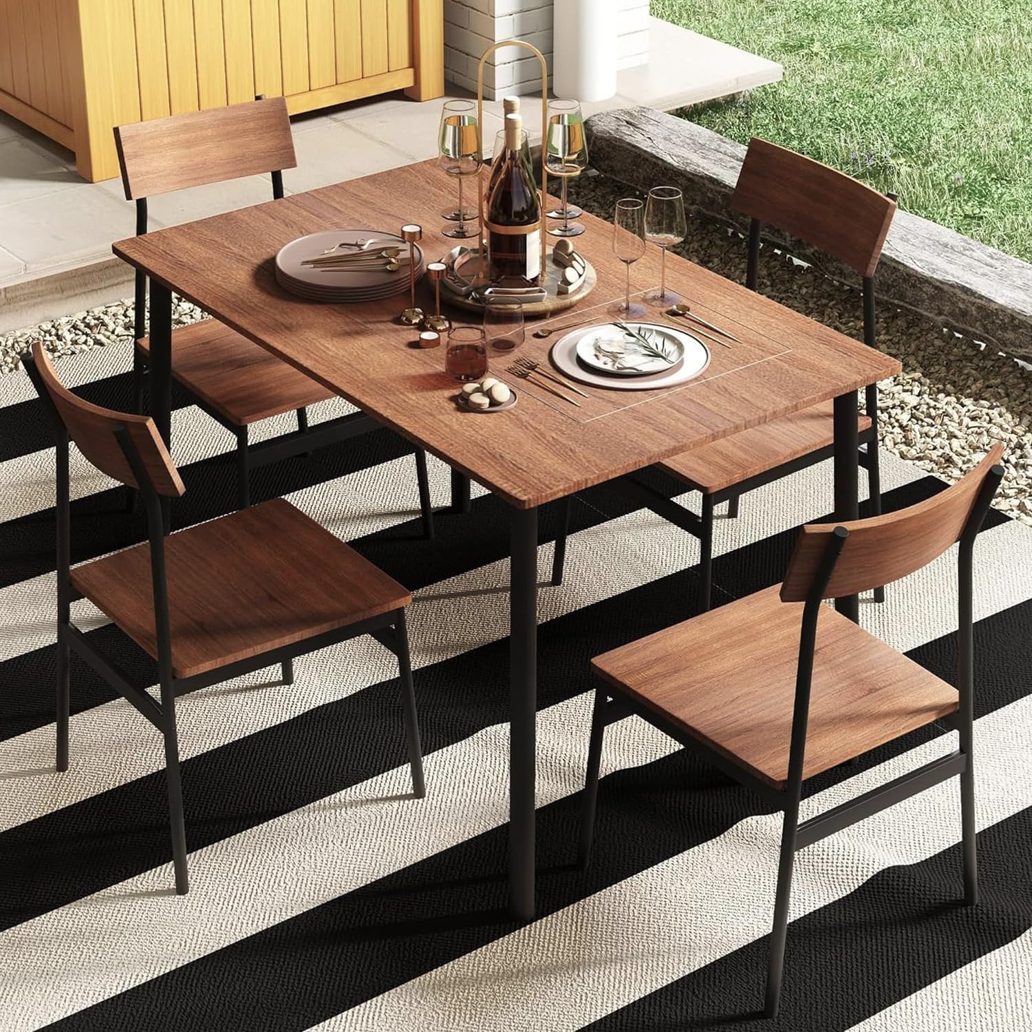 5-Piece Rustic Industrial Kitchen & Dining Set - Wooden Table & Metal Frame Chairs for 4, Brown - Perfect for Small Spaces, Farmhouse Decor & Family Meals