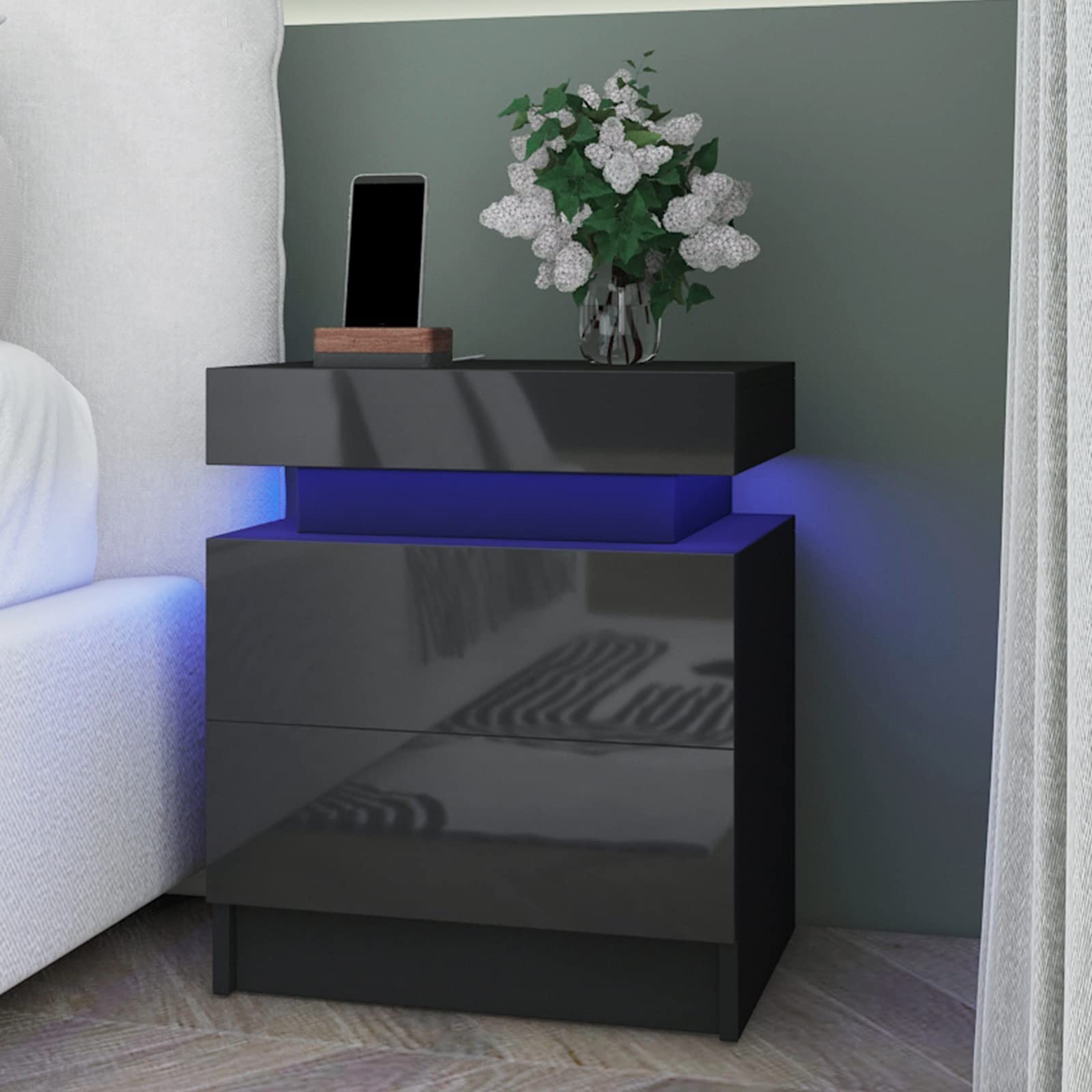 Modern White LED Nightstand with High Gloss Drawers - Tall Bedside Table with Touch Light for Bedroom & Living Room | Perfect for Small Spaces, Reading, and Charging Devices