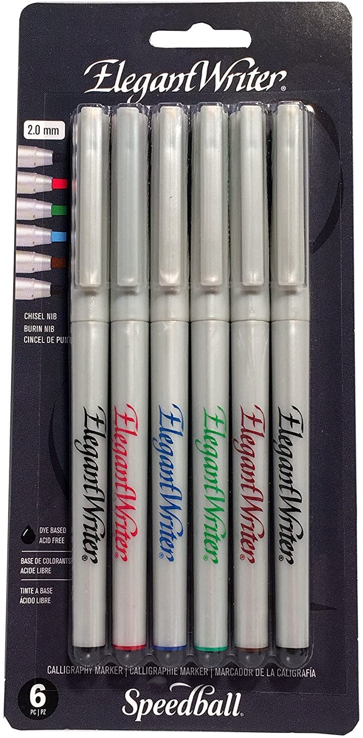 Speedball Elegant Writer Calligraphy 6 Marker Set - Assorted Colors with 2.0mm Chisel Nib Tip Pens for Drawing, Lettering, Journaling & Scrapbooking | Perfect for DIY Crafts, Bullet Journals, Wedding Invitations & Hand Lettering Projects