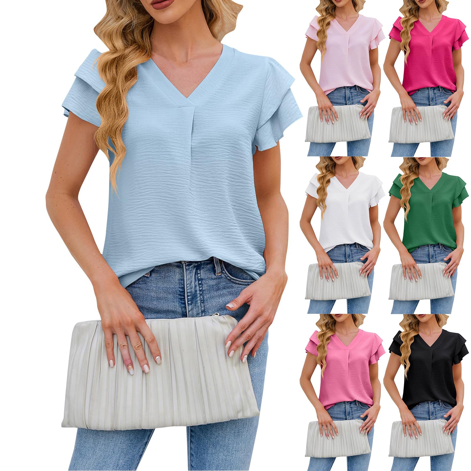 Women's Chiffon Ruffle Sleeve V-Neck T-Shirt - Summer Casual & Work Blouse with Dressy Short Sleeves - Perfect for Office, Date Night, and Weekend Outings