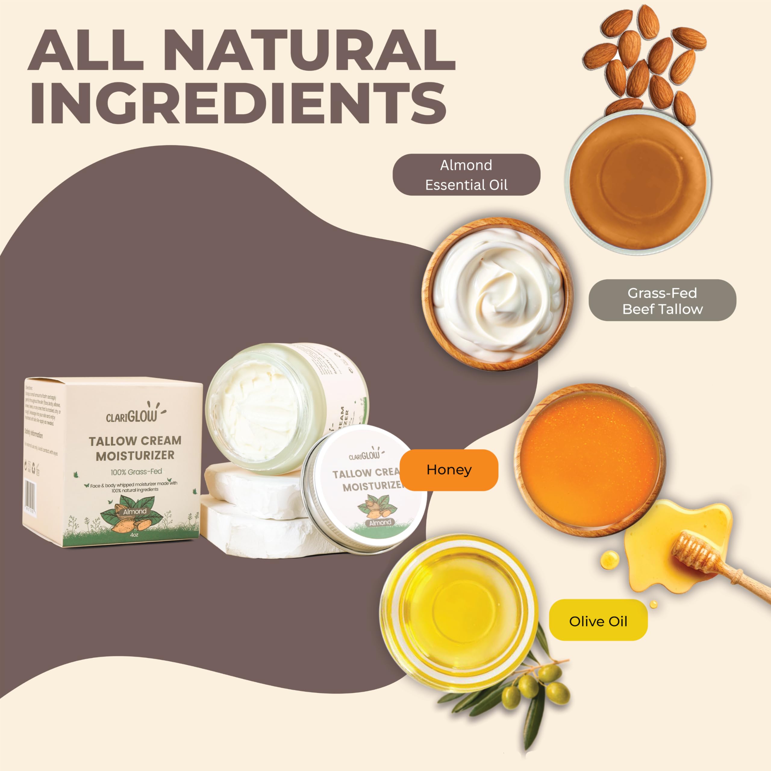 100% Grass-Fed Beef Tallow Face Moisturizer & Body Balm - 4oz Natural Skin Care Cream with Honey & Almond Oil - Hydrating Lotion for Dry Skin, Eczema & Anti-Aging - Perfect for Daily Face Routine & Nighttime Skincare