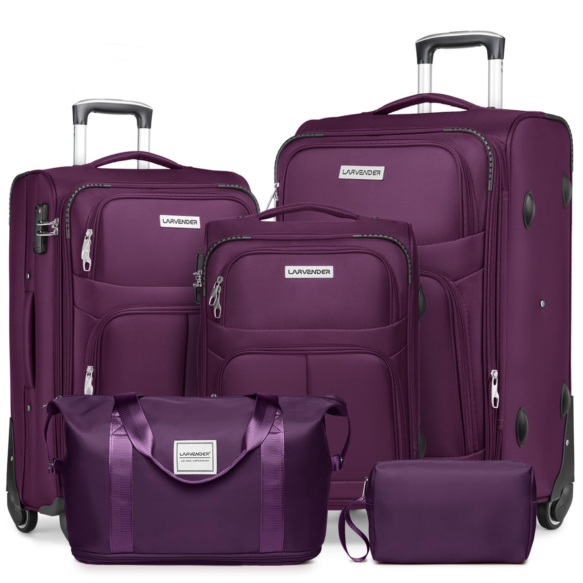 Lavender 5-Piece Expandable Softside Luggage Set with Spinner Wheels & TSA Lock - Lightweight Soft Shell Rolling Suitcases for Men & Women (Purple) - Perfect for Family Vacations, Business Trips & Air Travel