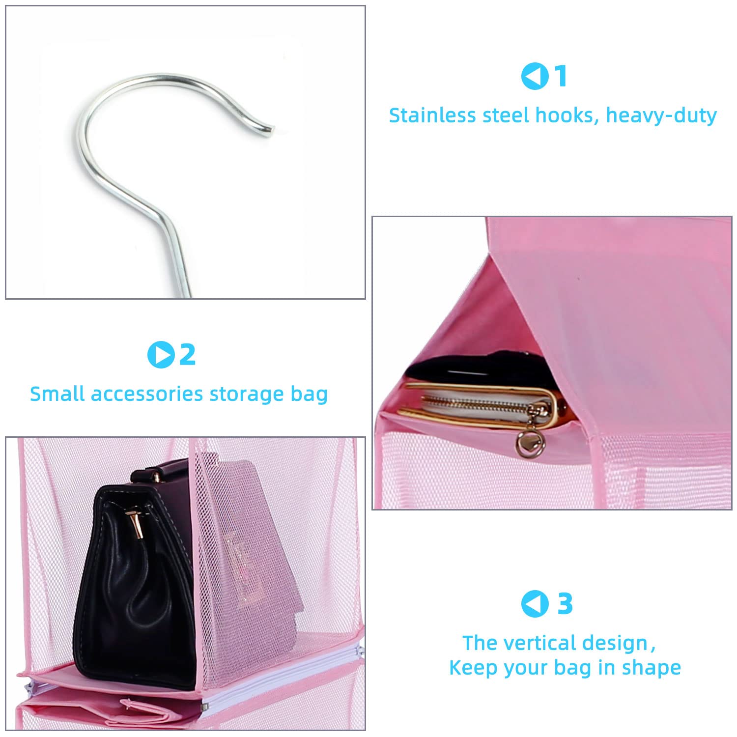 Keepjoy Hanging Handbag Organizer - 4-Tier Heavy Duty Mesh Purse Storage for Closet, Pink | Space-Saving Bag Holder for Women's Accessories, Perfect for Bedroom, Walk-In Closet & Dorm Organization