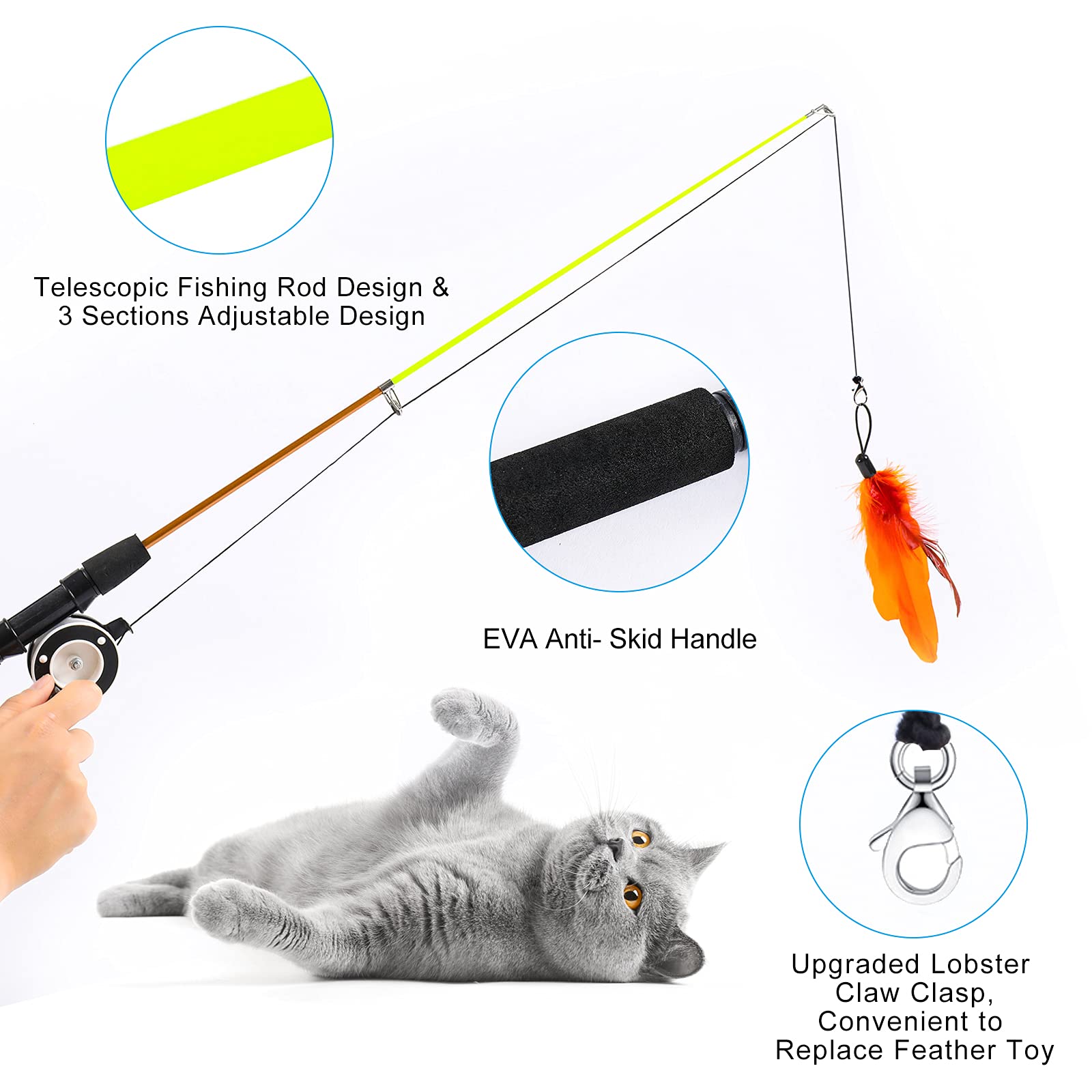 9 PCS Interactive Cat Fishing Pole Toy Set - Retractable Cat Wand with Feathers, Plush Fish, Worm & Bells - Catnip-Infused Kitten Teaser Toys for Indoor Play & Exercise