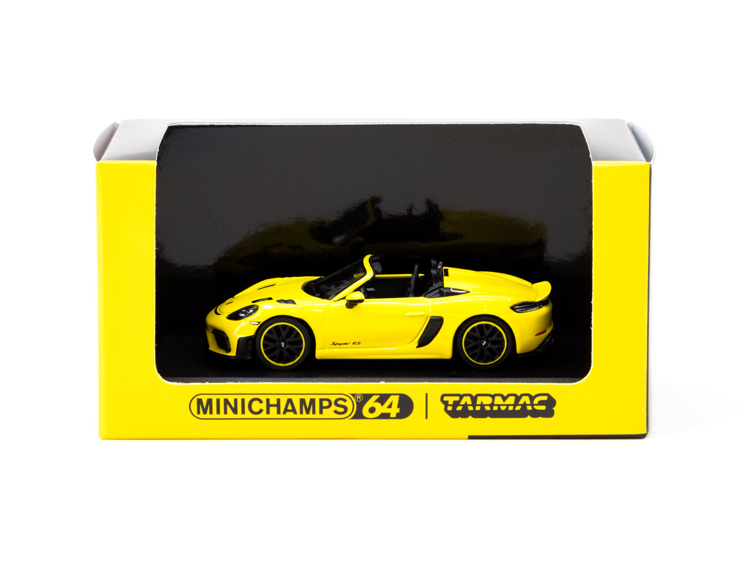 Minichamps X Tarmac Works 1/64 Scale Porsche 718 Spyder RS Diecast Model Car in Racing Yellow | COLLAB64 Series | Perfect for Collectors, Display Cases & Racing Enthusiasts
