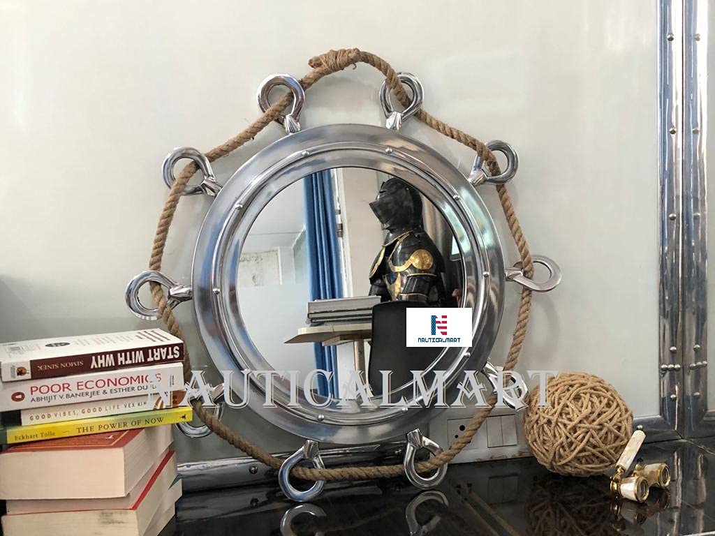Large Silver Porthole Mirror with Rope - Nautical Ship Decor for Bathroom, Living Room, or Bedroom Wall Art