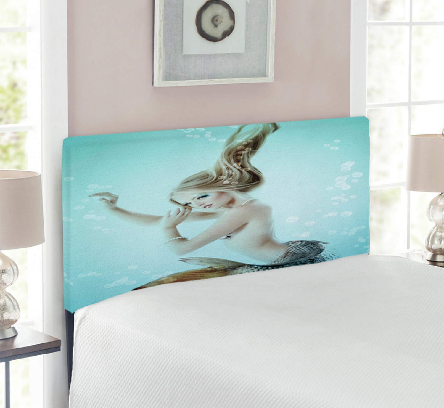 Ambesonne Mermaid Headboard - Twin Size Upholstered Metal Bed Frame with Memory Foam, Underwater Themed Artwork Print of Floating Girl & Water Bubbles in Seafoam Beige & Brown | Perfect for Kids' Bedrooms, Beach House Decor & Fantasy Themed Rooms