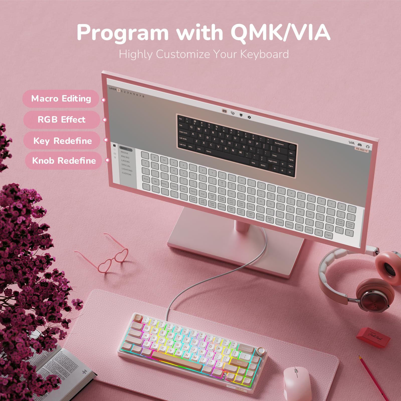 RK R65 60% RGB Wired Mechanical Keyboard - Hot Swappable, PBT Keycaps for Gaming & Office