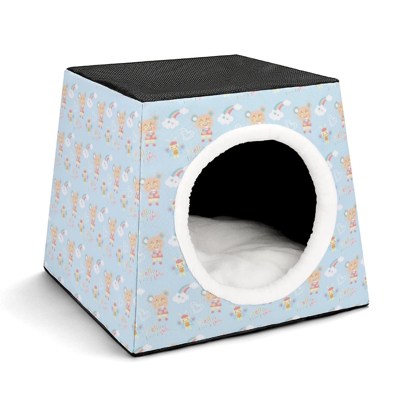 Colorful Printed Cat Cube House - Cozy Indoor Kitty Bed & Small Dog Shelter - Warm Rainbow Mouse Cartoon Design for Pets - Perfect for Napping, Playtime & Home Decor