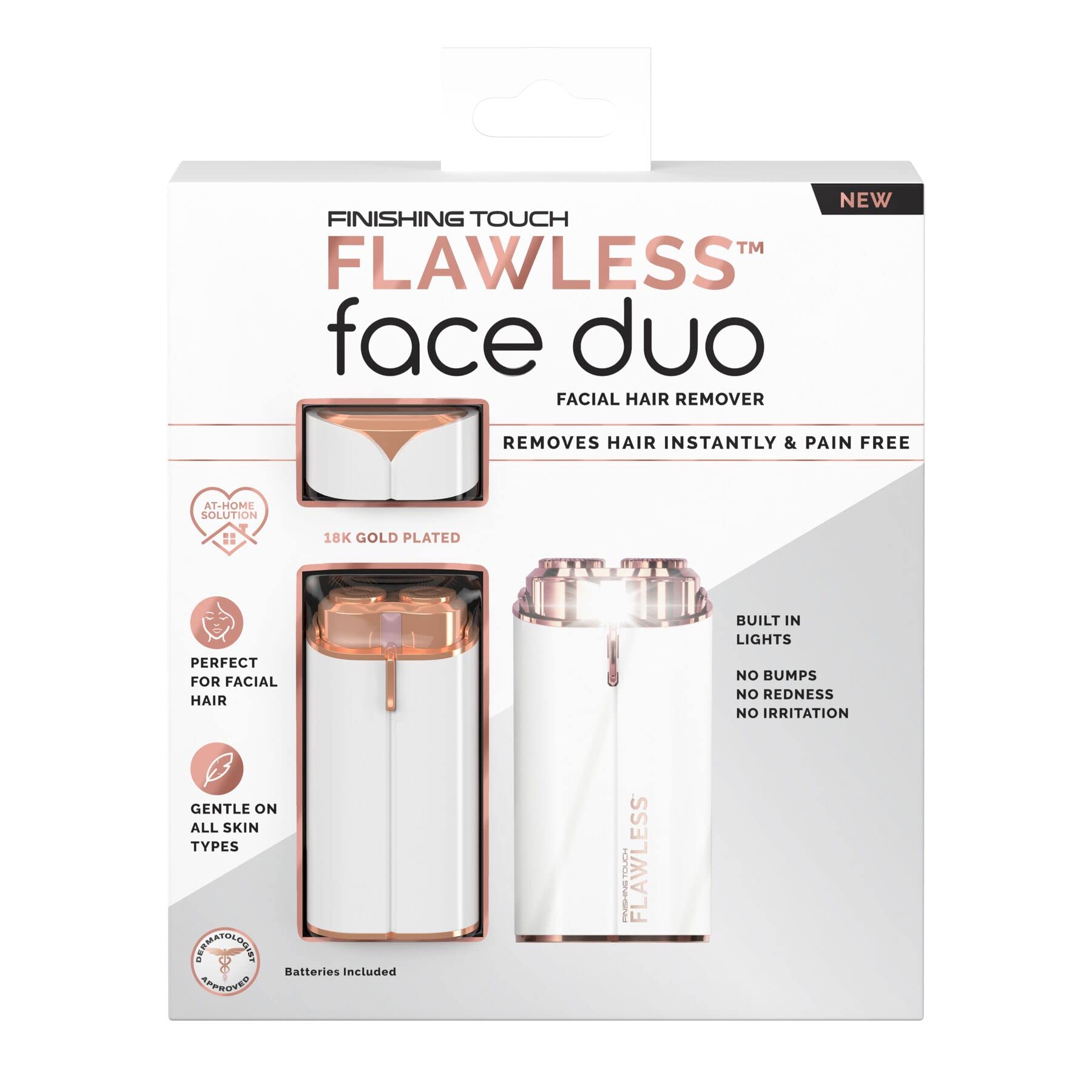 Finishing Touch Flawless Women's Painless Hair Remover & Facial Electric Shaver - Dermatologist Approved, Hypoallergenic, White & Rose Gold | Perfect for Eyebrows, Upper Lip, Chin & Peach Fuzz Removal at Home or Travel