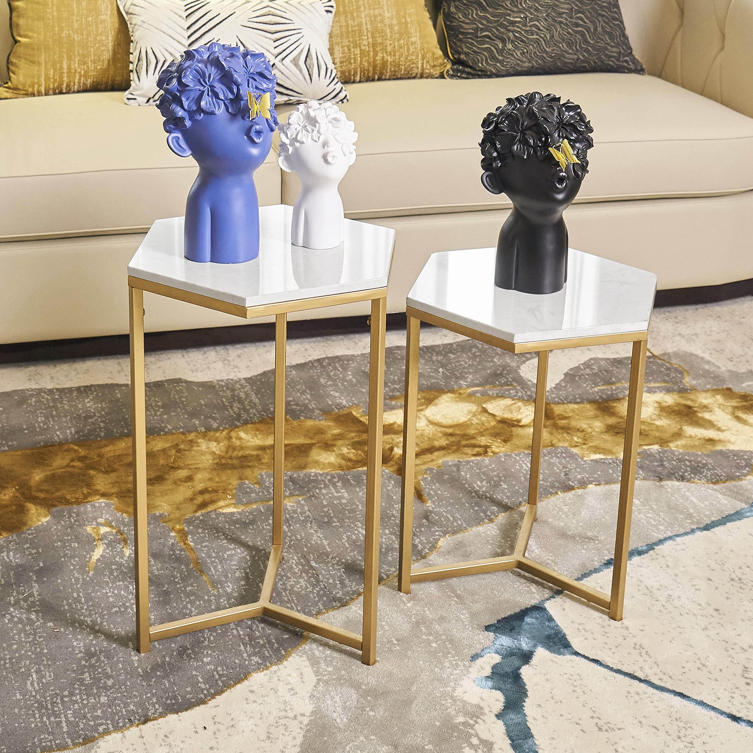 Hexagon Side Table with Gold Accent & Faux Marble Top - White Nightstand for Living Room, Bedroom or Home Office - Small Space End Table (16