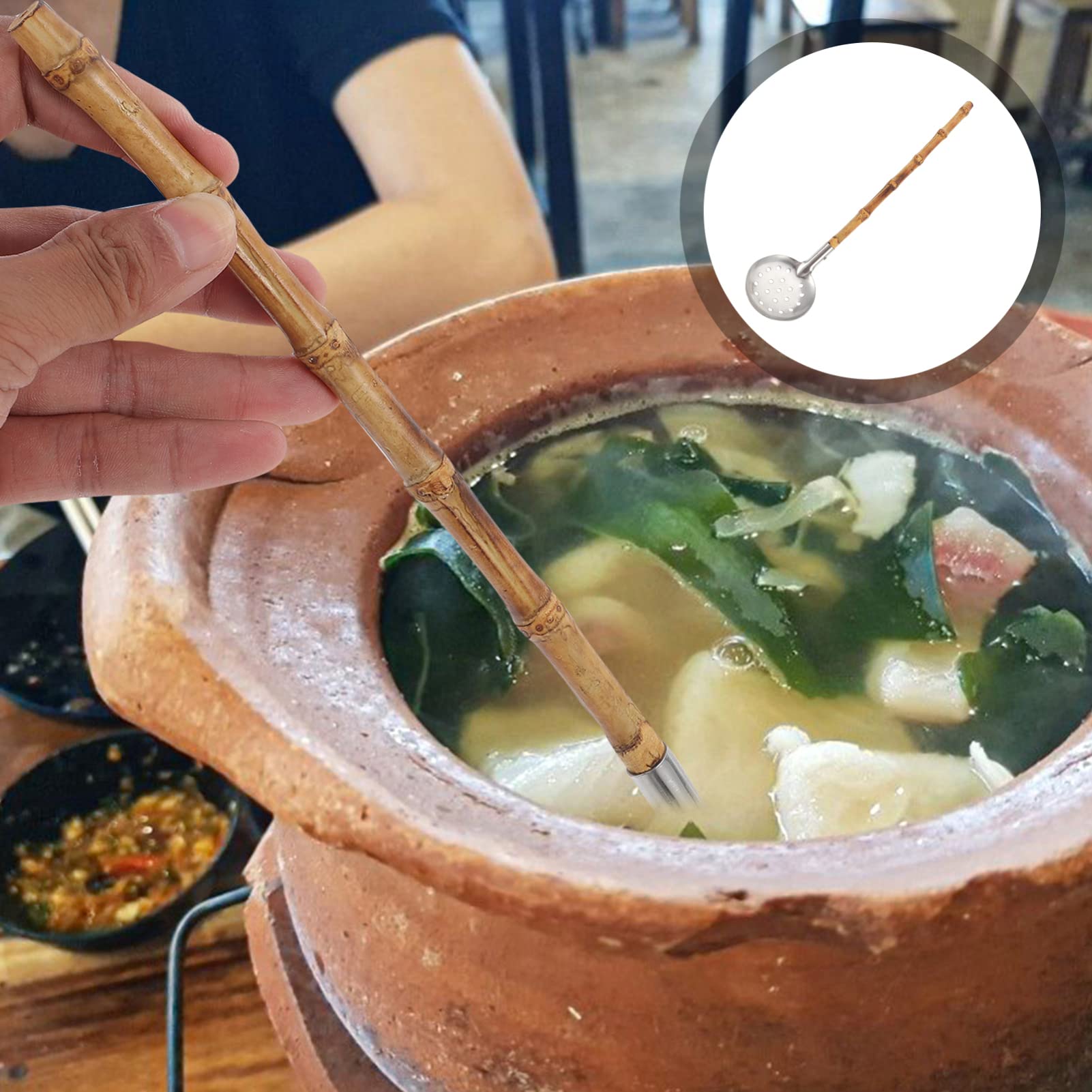 Premium Wooden Hot Pot Spoon & Stainless Steel Skimmer - 2-in-1 Long Handle Soup Spoon for Ramen, Pho & Asian Cooking | Japanese-Style Bamboo Utensil Set for Noodles, Dumplings & Hot Pot Dining