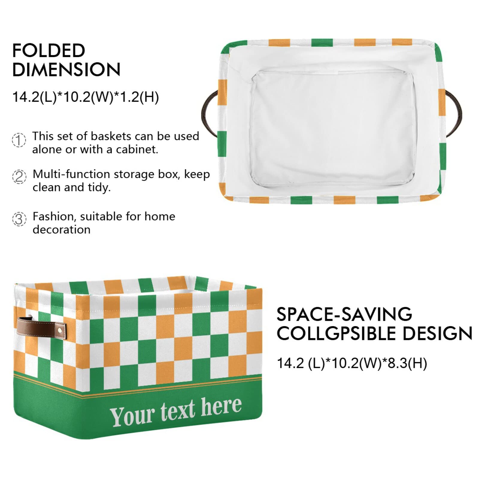 Yellow Green Plaid Collapsible Storage Basket with Leather Handles - Foldable Rectangular Storage Bin for Kitchen, Kids Room, Bathroom | Home Organization & Gift Basket Solution