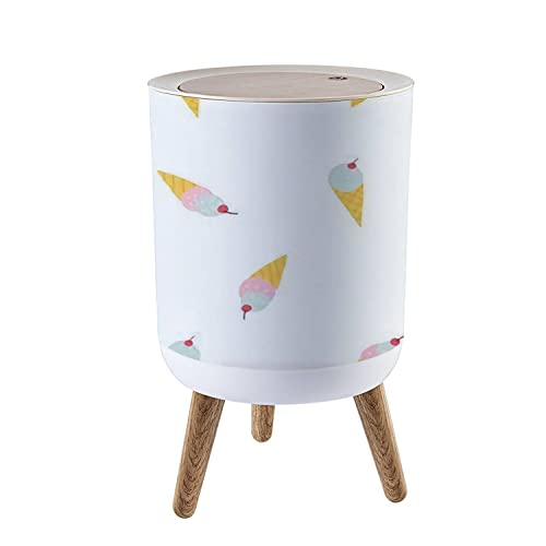 Small Cute Ice Cream Cartoon Trash Can with Lid - 7L/1.8 Gallon Round Waste Bin with Wooden Legs for Bathroom, Kitchen, Bedroom - Pink Hand-Drawn Ice Cream Print Garbage Bin for Home, Office, Kids Room