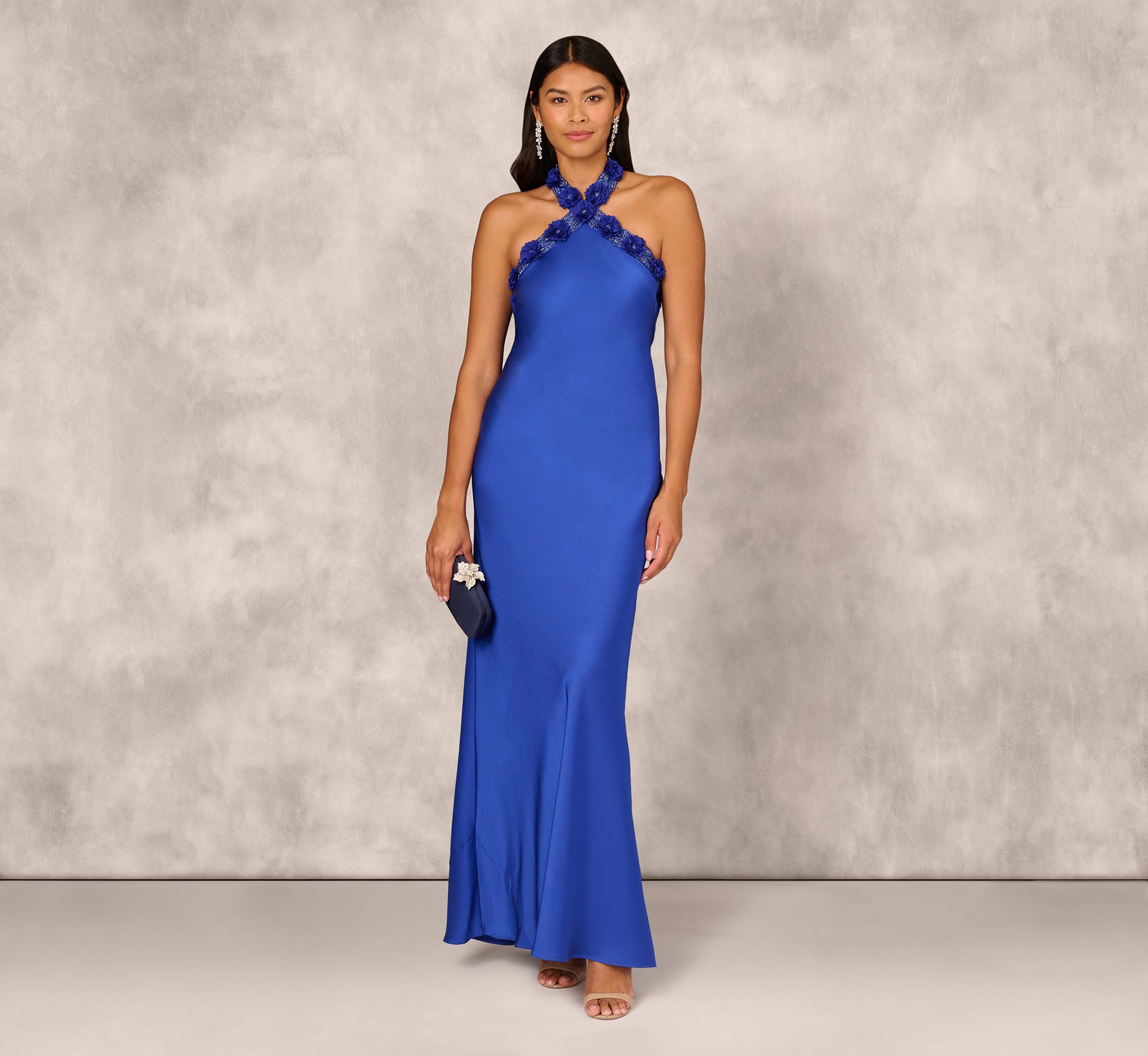 Elegant Deep Sapphire Satin Floral Beaded Halter Mermaid Gown for Prom, Evening Party, Wedding Guest Dress & Special Occasions