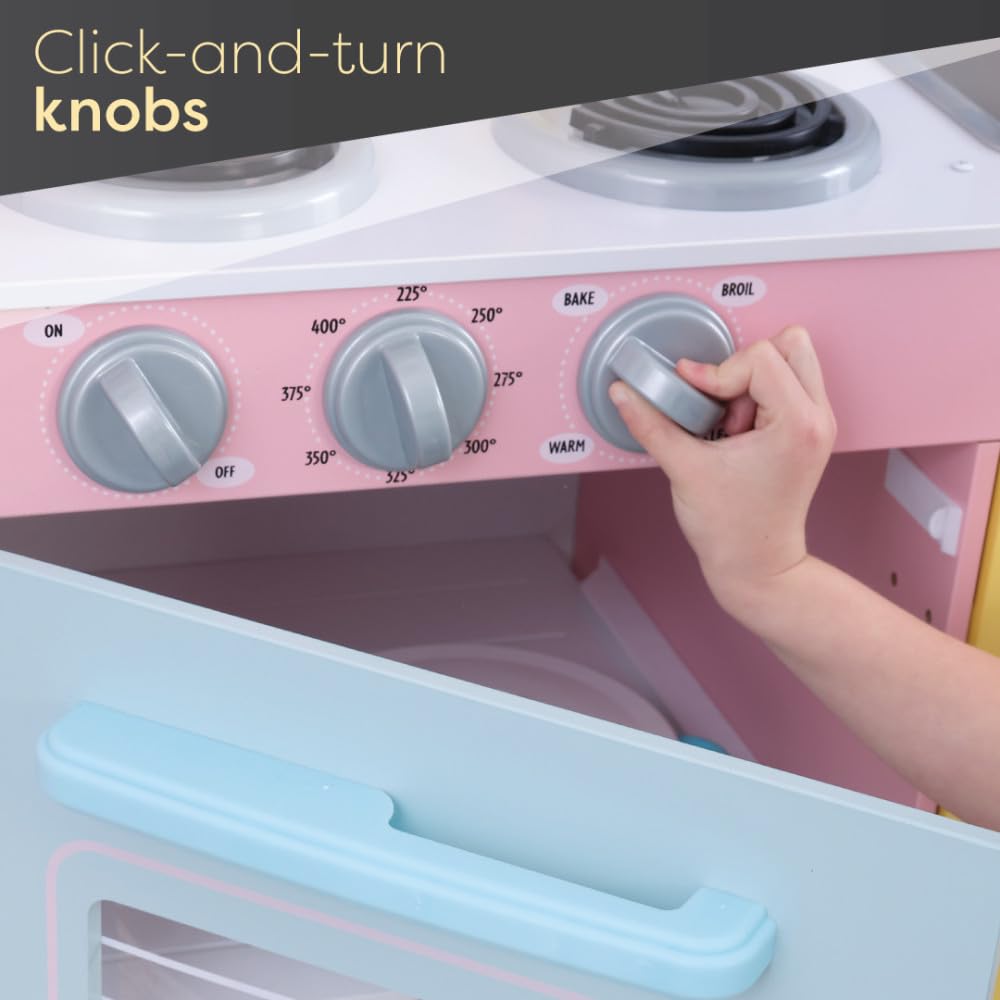 KidKraft Large Wooden Play Kitchen for Kids - Pastel Design with Turning Knobs, See-Through Doors & Play Phone - Pretend Cooking Toy for Ages 3+ - Perfect for Imaginative Play & Birthday Gifts