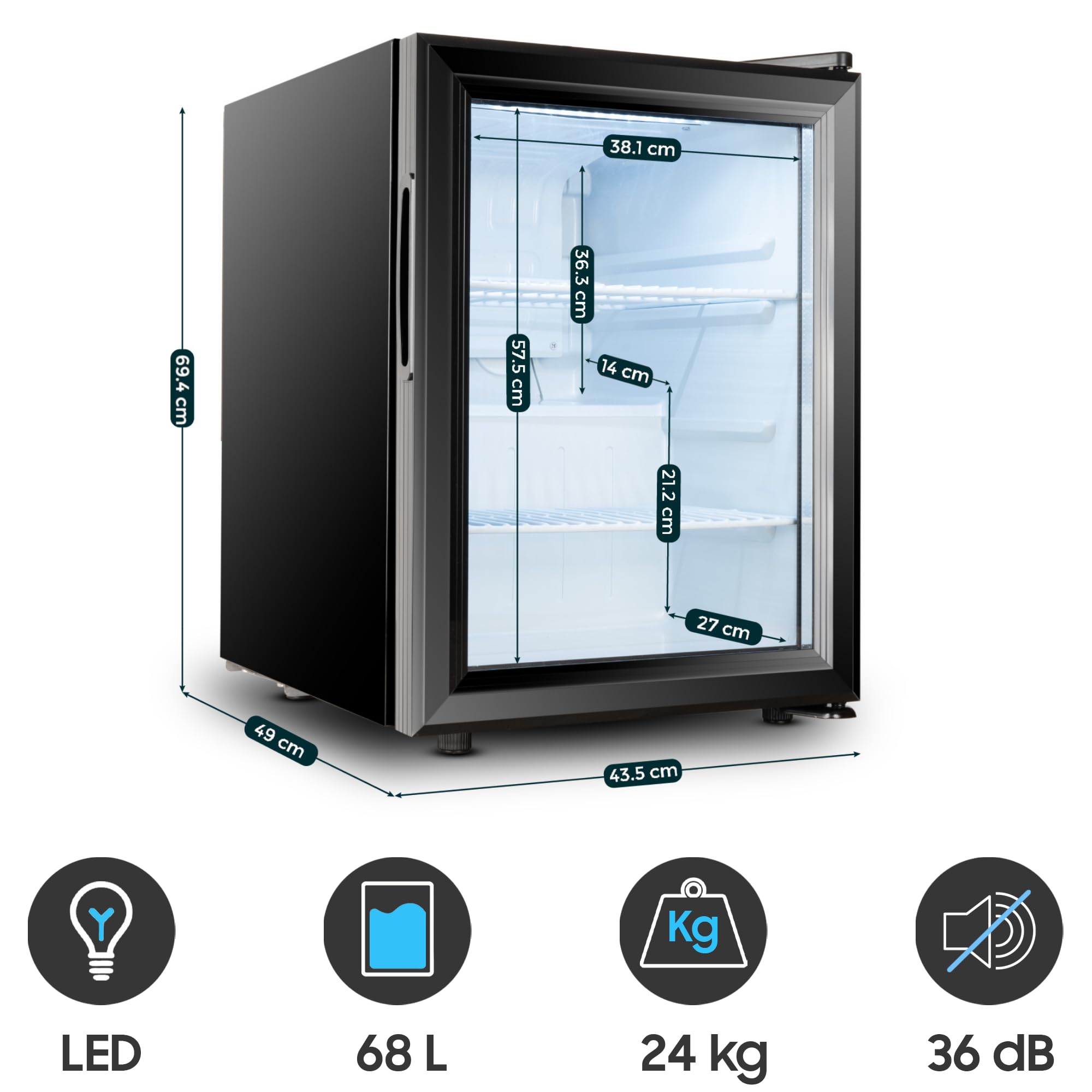 35/52L Mini Fridge for Bedroom - Quiet & Energy Efficient Compact Refrigerator with Glass Door (0-10°C) - Perfect for Drinks, Snacks, Cosmetics, and Small Spaces (68L Capacity)