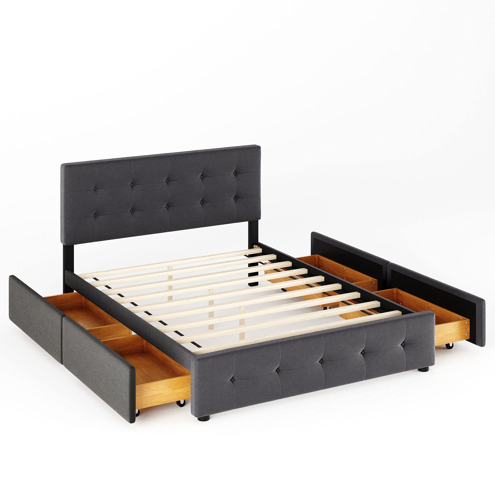 Queen Size Modern Upholstered Platform Bed with 4 Large Storage Drawers - Button Tufted Headboard, Wooden Slats & Center Support Legs - No Box Spring Required (Dark Gray) - Perfect for Master Bedrooms, Guest Rooms & Small Space Living