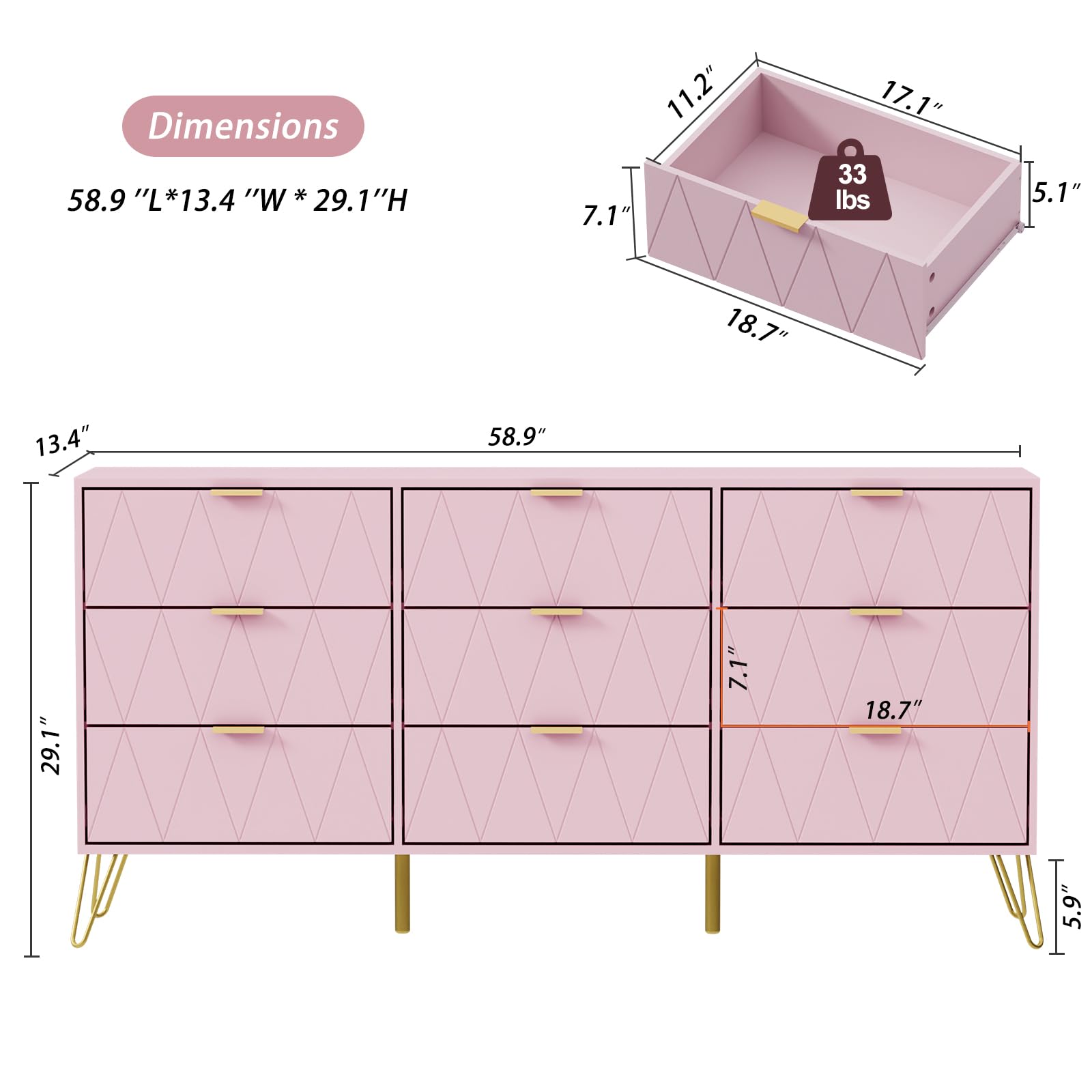 Anbuy 9-Drawer Dresser & 2-Nightstand Set - 3-Piece Bedroom Furniture Combo in Pink | Modern Storage Solution for Master Bedroom, Guest Room & Dorm Organization