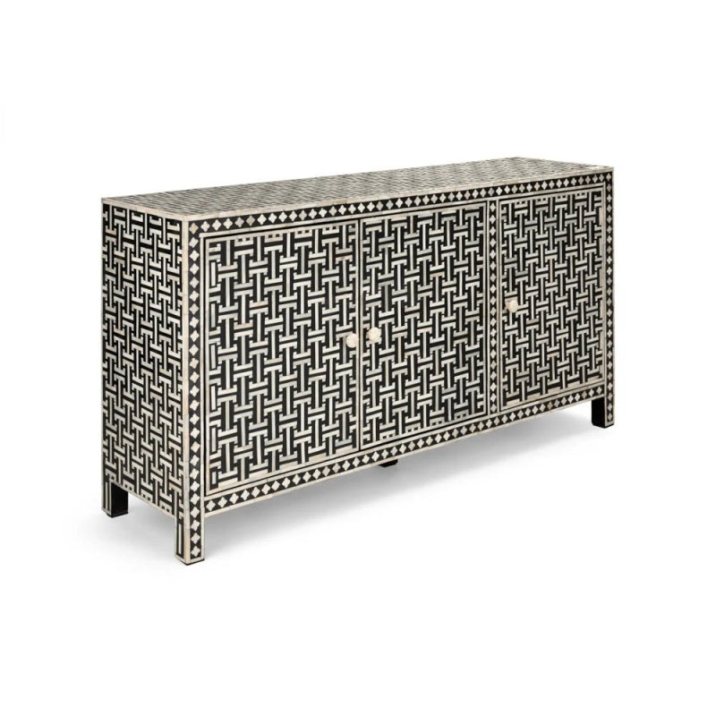 Handmade Bone Inlay 3-Door Sideboard Cabinet - Black & White Buffet Table for Dining Room Storage & Home Decor