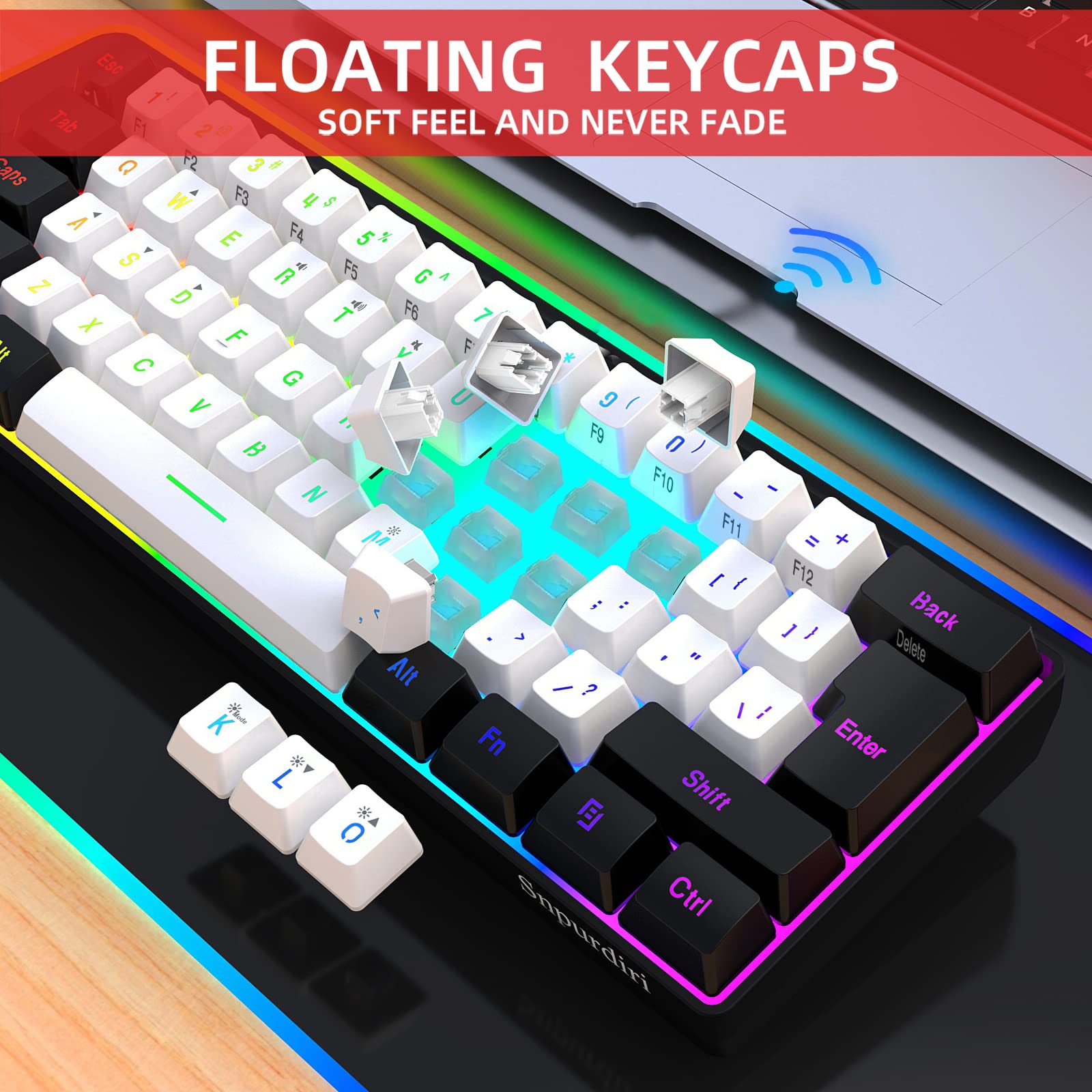 SNPURDIRI 2.4G Wireless Gaming Keyboard and Mouse Combo - 60% Compact Mechanical Feel RGB Backlit Keyboard & Ergonomic Vertical Wireless Mouse (Black/White) for PC, Mac, Laptop Gaming & Office Work