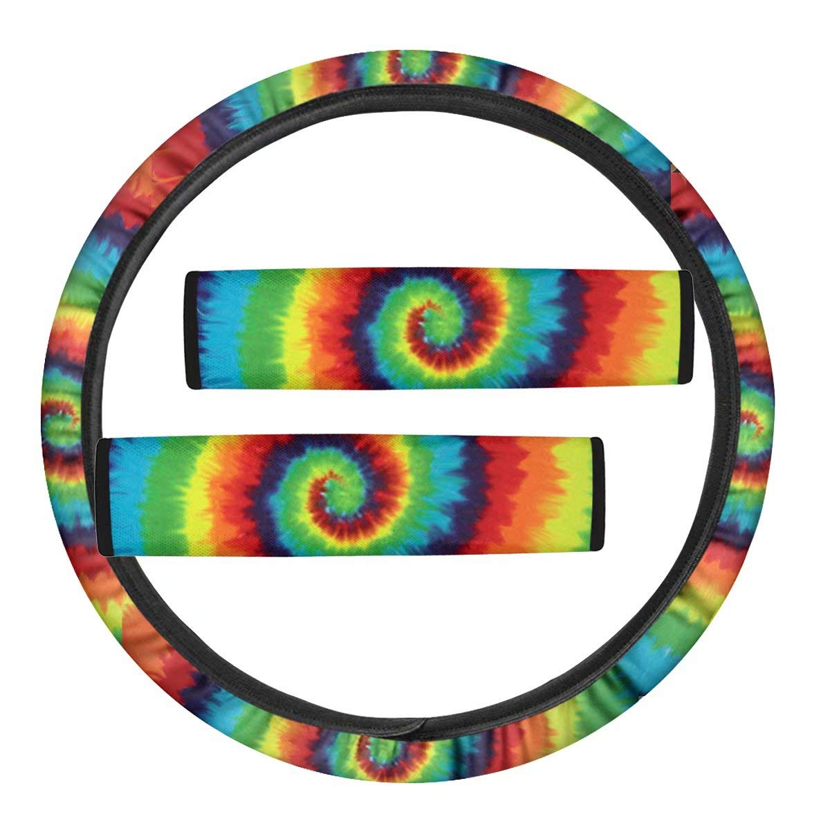 Rainbow Tie Dye Car Steering Wheel Cover & Seat Belt Pads Set - 3 Piece Stretch Neoprene Car Interior Accessories for Women & Men | Safe Non-Slip Grip, Comfort Driving | Perfect for Daily Commute, Road Trips & Gift Giving
