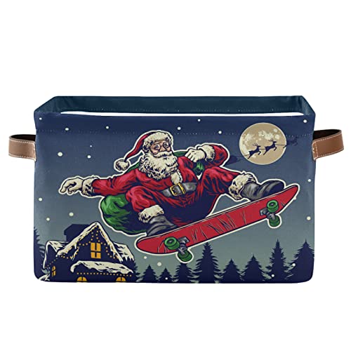 Santa Rides Skateboard Collapsible Storage Basket with PU Handles - Waterproof Nursery Organizer Bin for Baby Clothes & Toys (2-Pack) | Perfect for Kids' Room, Playroom & Holiday Decor Storage