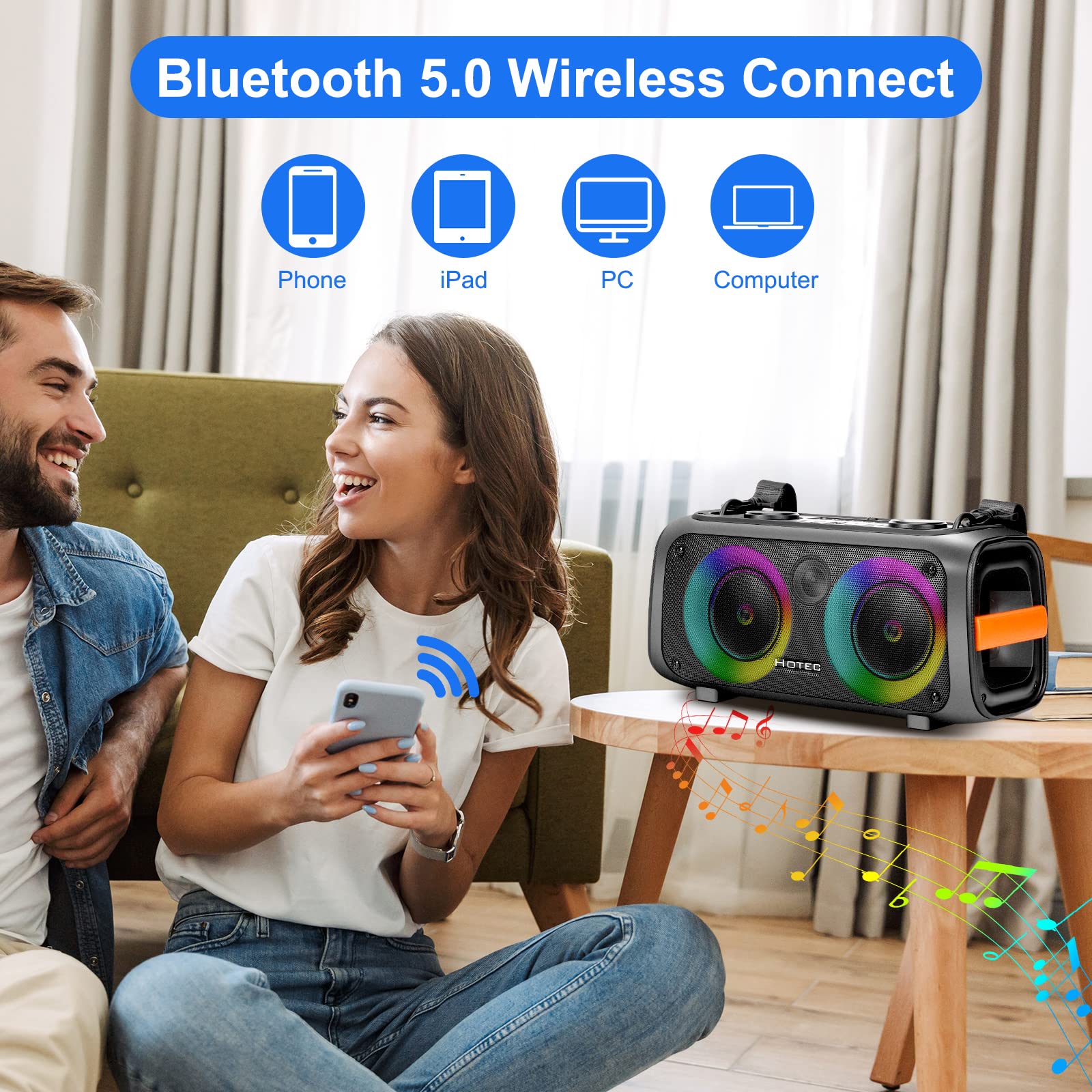 Hotec Portable Bluetooth Karaoke Machine with 2 Wireless Microphones - PA Speaker for Adults & Kids, LED Party Lights, TF/USB/AUX Input, TWS & Recording Function - Perfect for Home Parties, Outdoor Gatherings & Family Entertainment