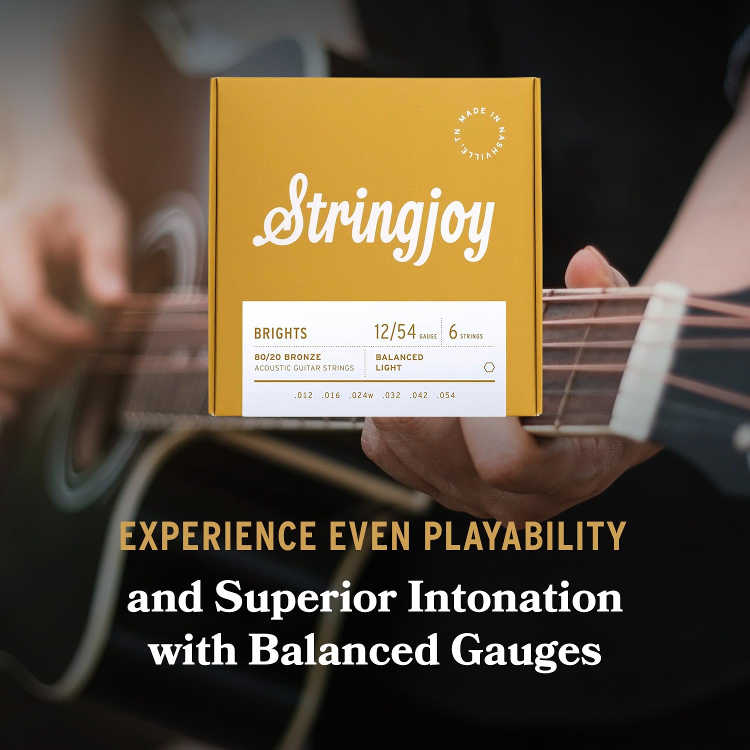 Stringjoy BB1254 Brights 80/20 Bronze Light Acoustic Guitar Strings - 12-54 Light Gauge 6-String Set for Warm Tone & Smooth Playability | Durable Premium Guitar Accessories for Folk, Country & Fingerstyle Playing