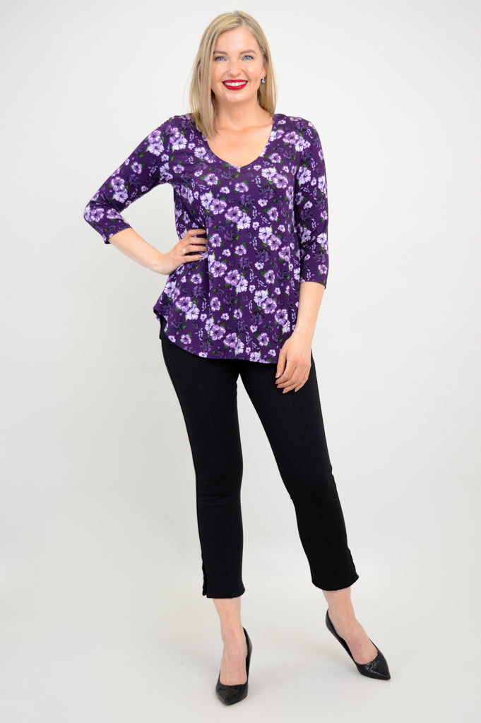 Jackie 3/4 Sleeve Bamboo Top with Hibiscus Print - Women's Comfortable & Breathable Shirt for Yoga, Beach & Summer Outfits