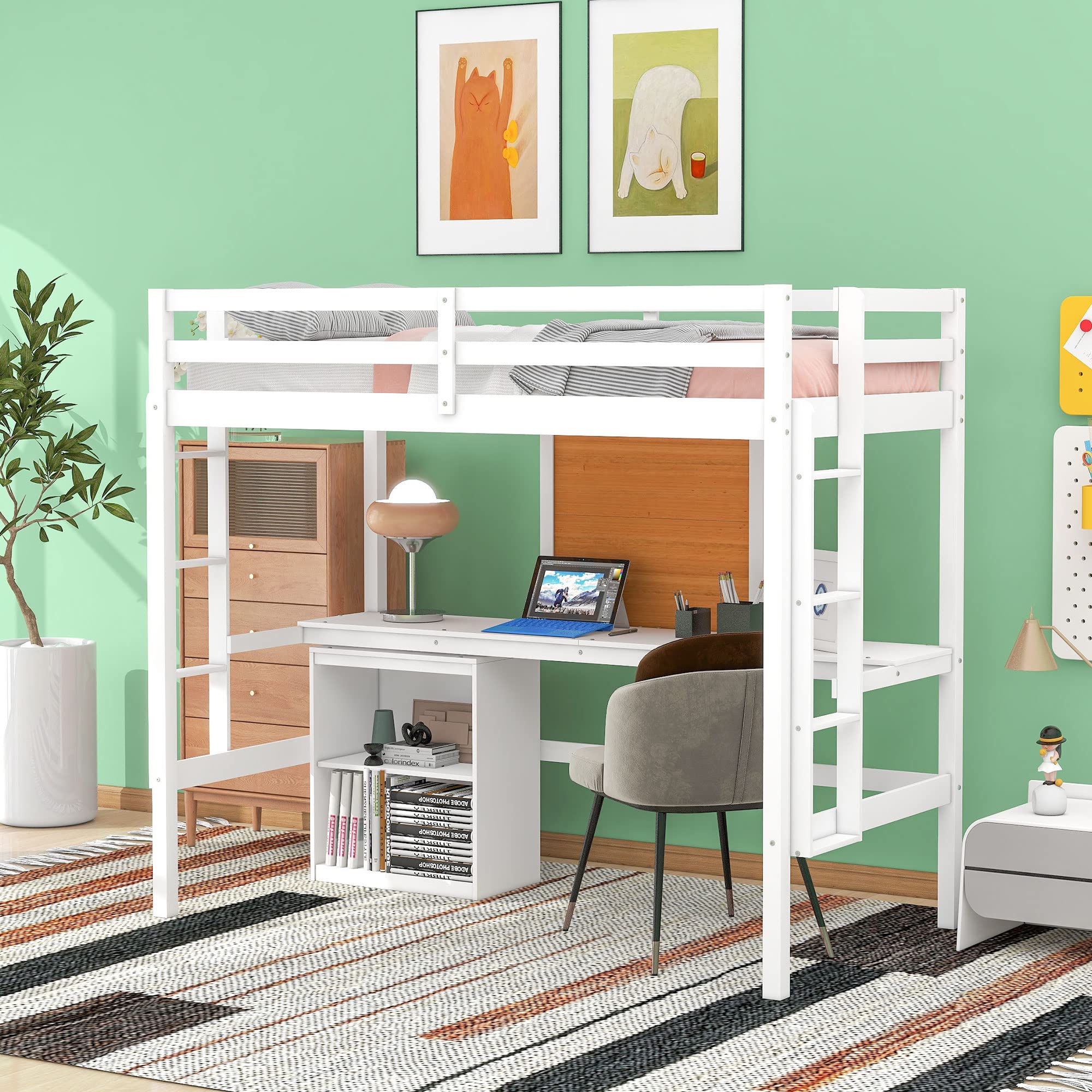 Harper & Bright Designs Twin Size Loft Bed with Desk, 2 Storage Cabinets & Writing Board - Sturdy Wooden Loft Bed Frame with Slats for Kids, Teens & Adults - Perfect for Small Bedrooms, Dorm Rooms & Home Offices (White)