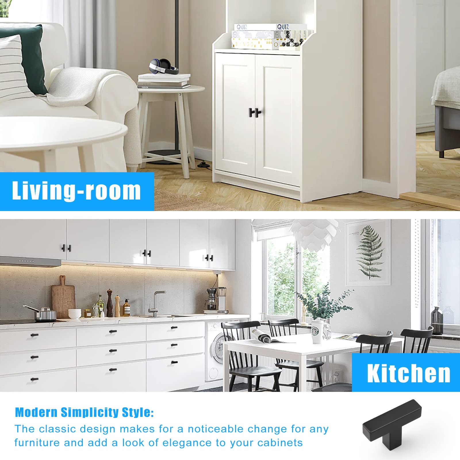 KNOBWELL 12 Pack Matte Black Cabinet Knobs - Stainless Steel T Bar Drawer Pulls for Kitchen & Bathroom - Single Hole 2
