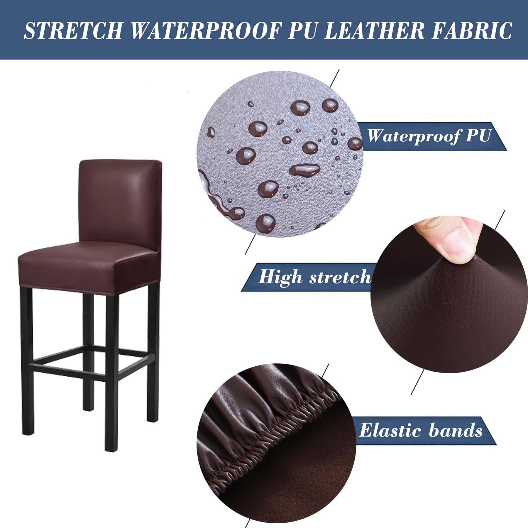 2 Pack Stretch Waterproof PU Bar Stool Covers with Backs - Removable Elastic Slipcovers for Pub, Counter & Coffee Shop Chairs - Durable & Easy to Clean Seat Protectors for Home & Commercial Use