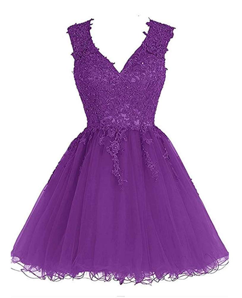 Purple Lace Prom Dress for Women - V-Neck Cocktail Party Gown