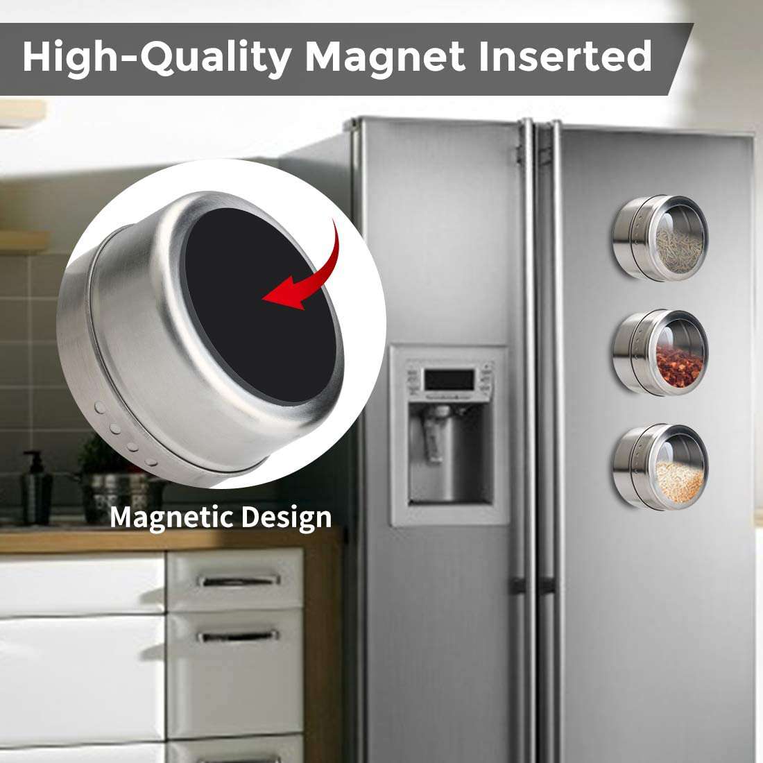 15-Piece Magnetic Spice Jars Set - Stainless Steel Wall Mounted Spice Tins with Strong Base | Perfect for Kitchen Organization, Pantry Storage & Easy Spice Access While Cooking
