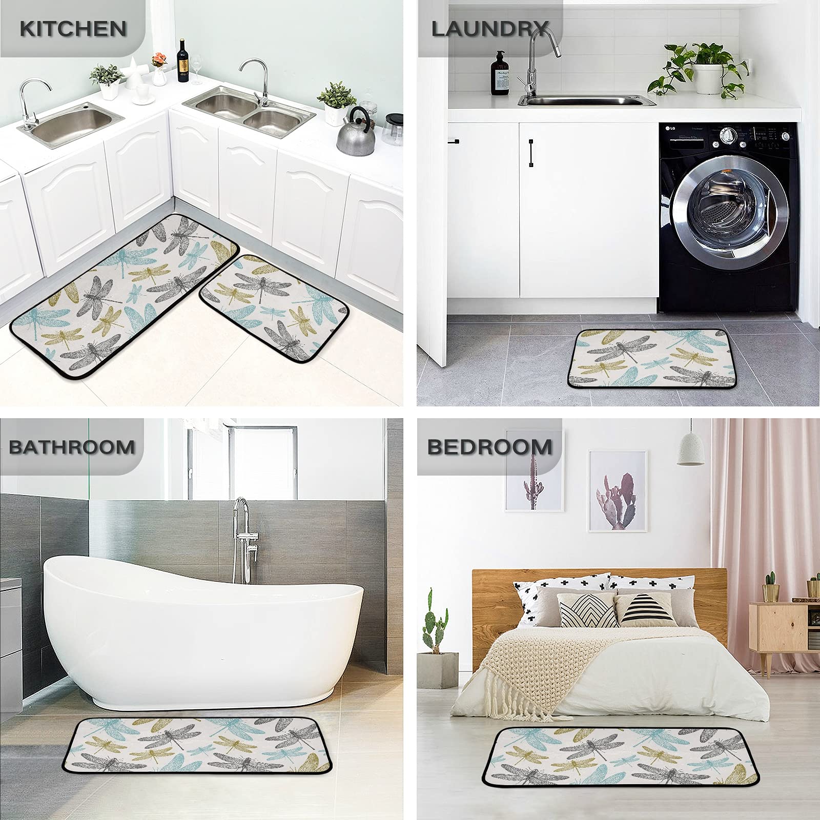 Premium 2-Piece Dragonfly Design Anti-Fatigue Kitchen Rugs - Waterproof Non-Slip Floor Mats with Comfort Elastic Cotton Layer for Kitchen, Home, Office, Laundry & Sink Areas - Perfect for Standing Comfort While Cooking, Washing Dishes or Doing Laundry